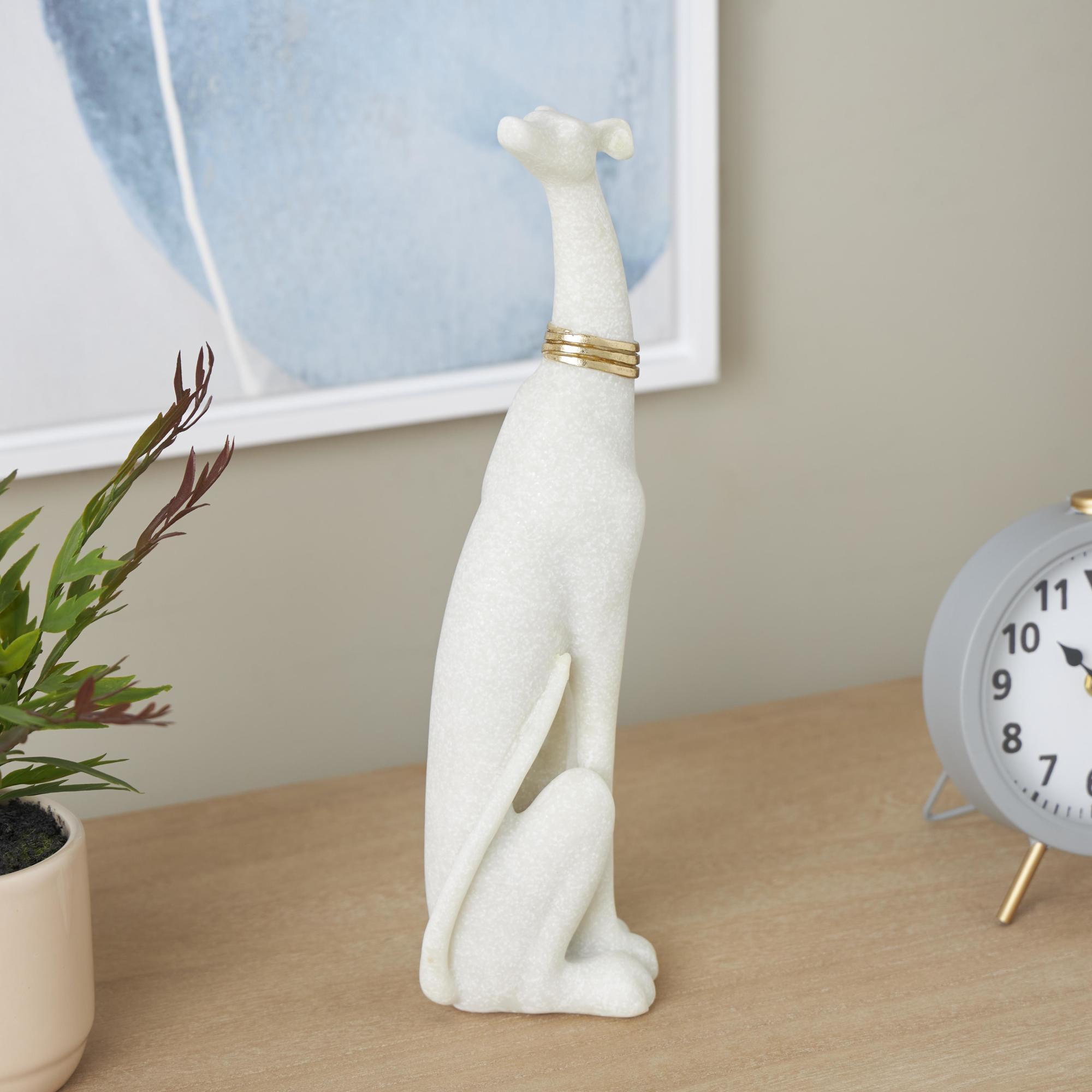 Dog Cream Polystone Sitting Decorative Sculpture with Gold Collar