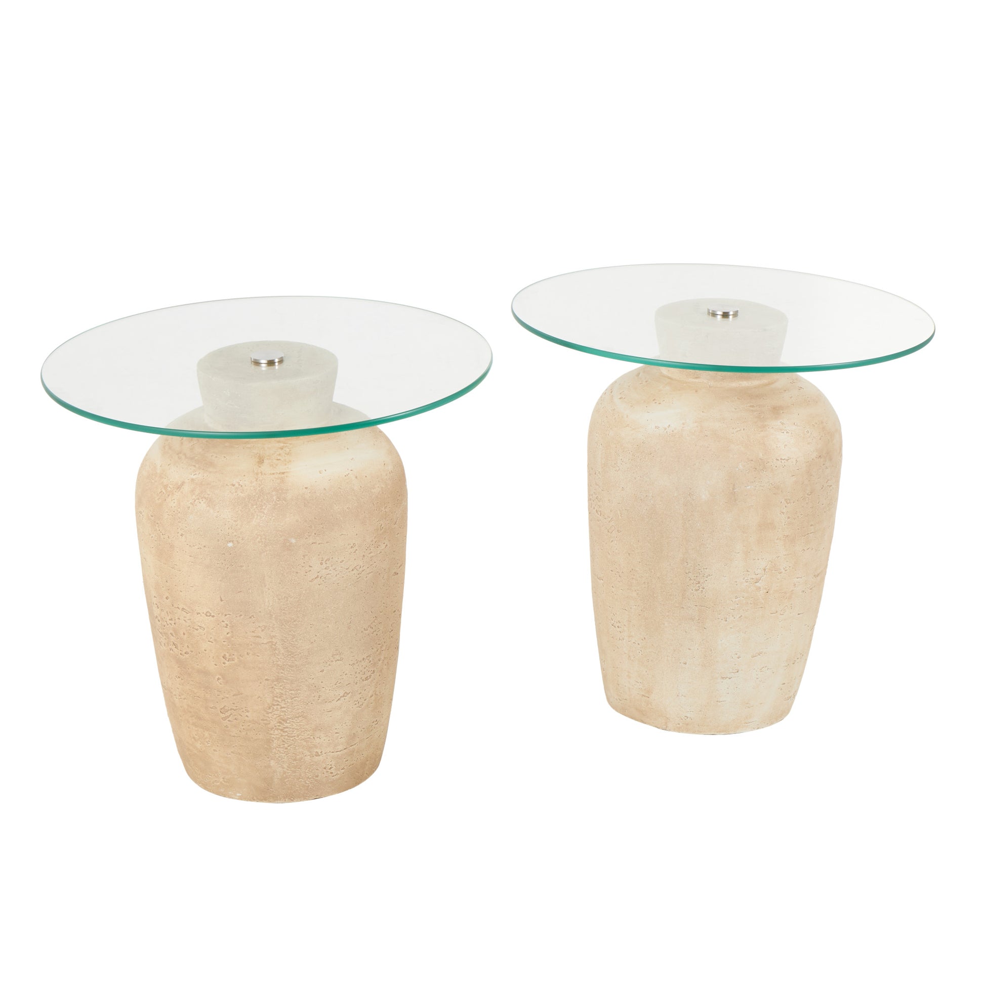 Set of 2 Beige Magnesium Oxide Side End Accent Table with Tempered Glass Tabletop
