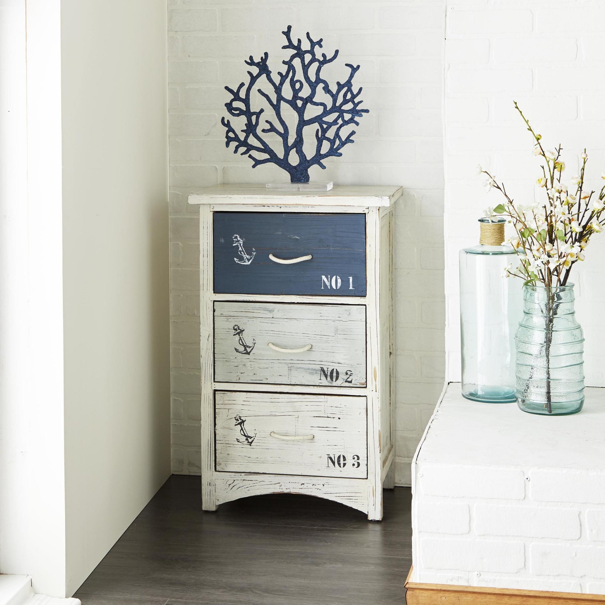 Anchor Blue Wooden Small Distressed Room Chest with 3 Numbered Drawers and Rope Handles