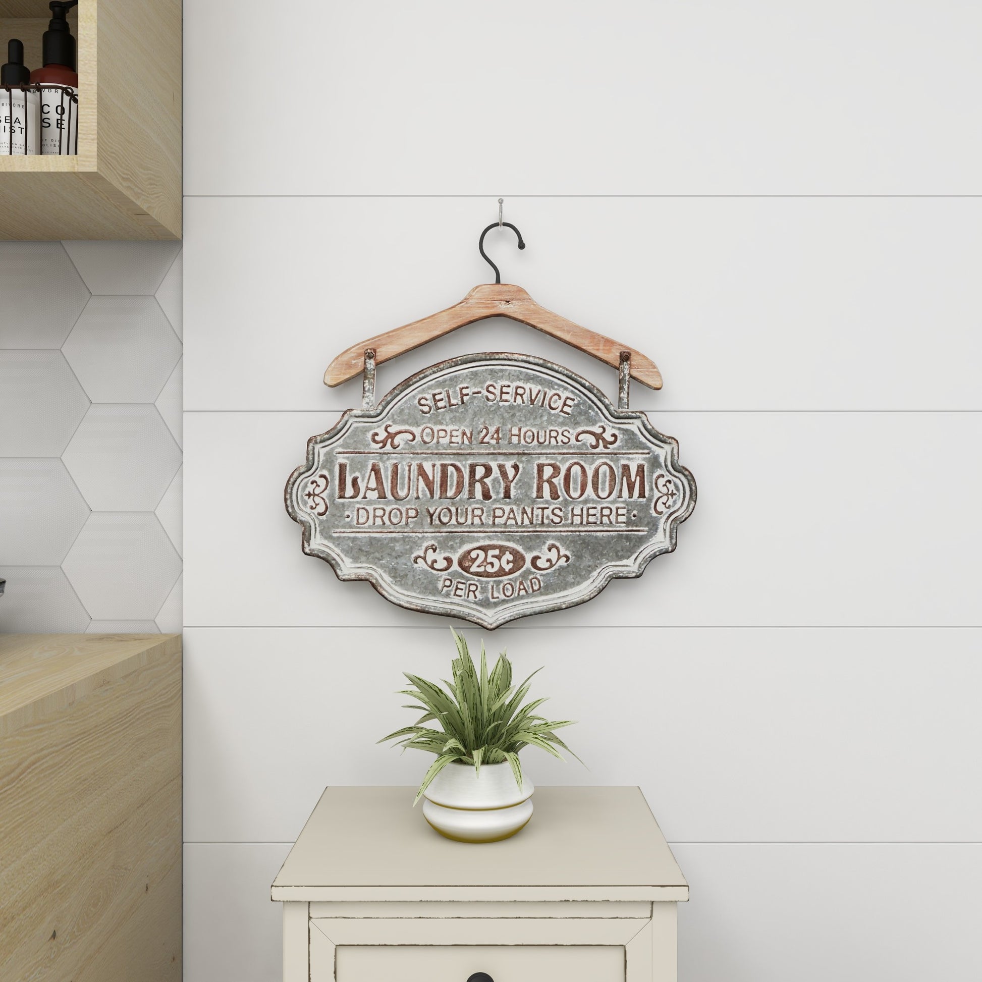 Sign Gray Metal Laundry Room Home Wall Decor with Brown Wood Hanger