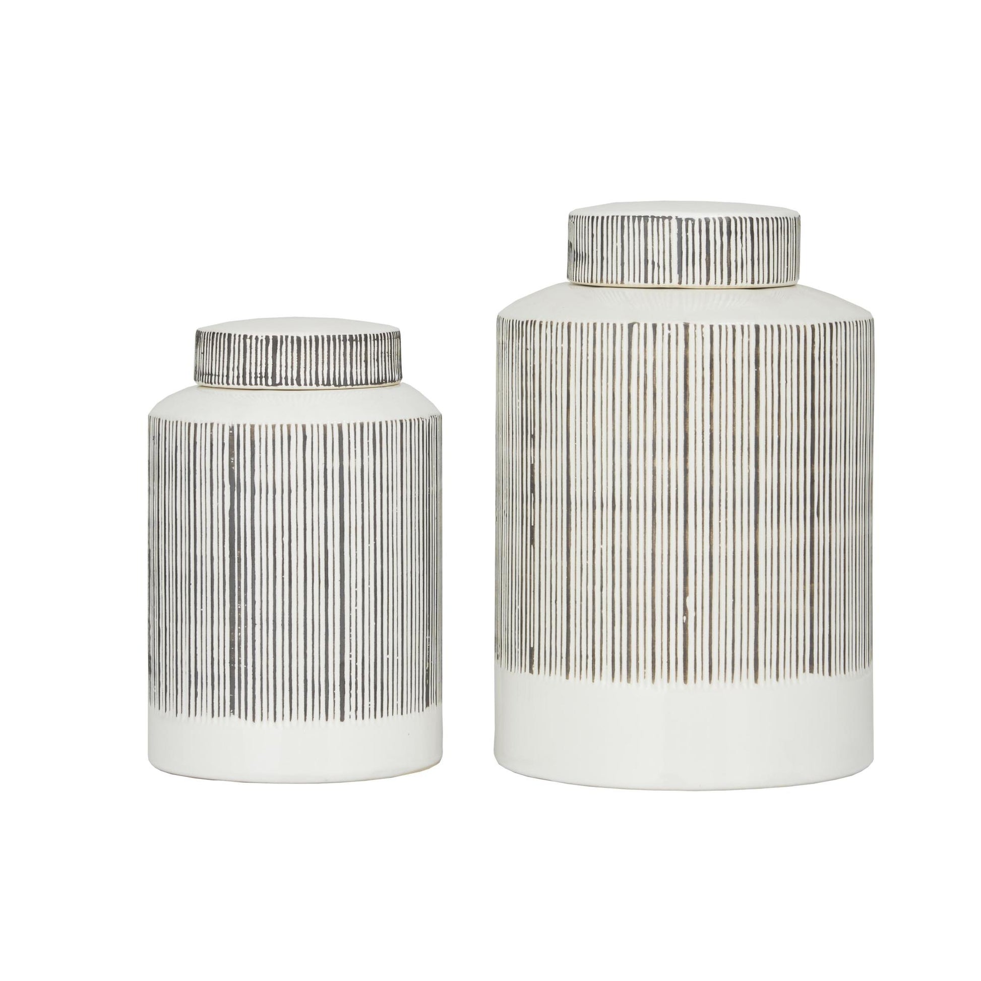 CosmoLiving by Cosmopolitan Set of 2 White Ceramic Striped Living Room Decorative Jars