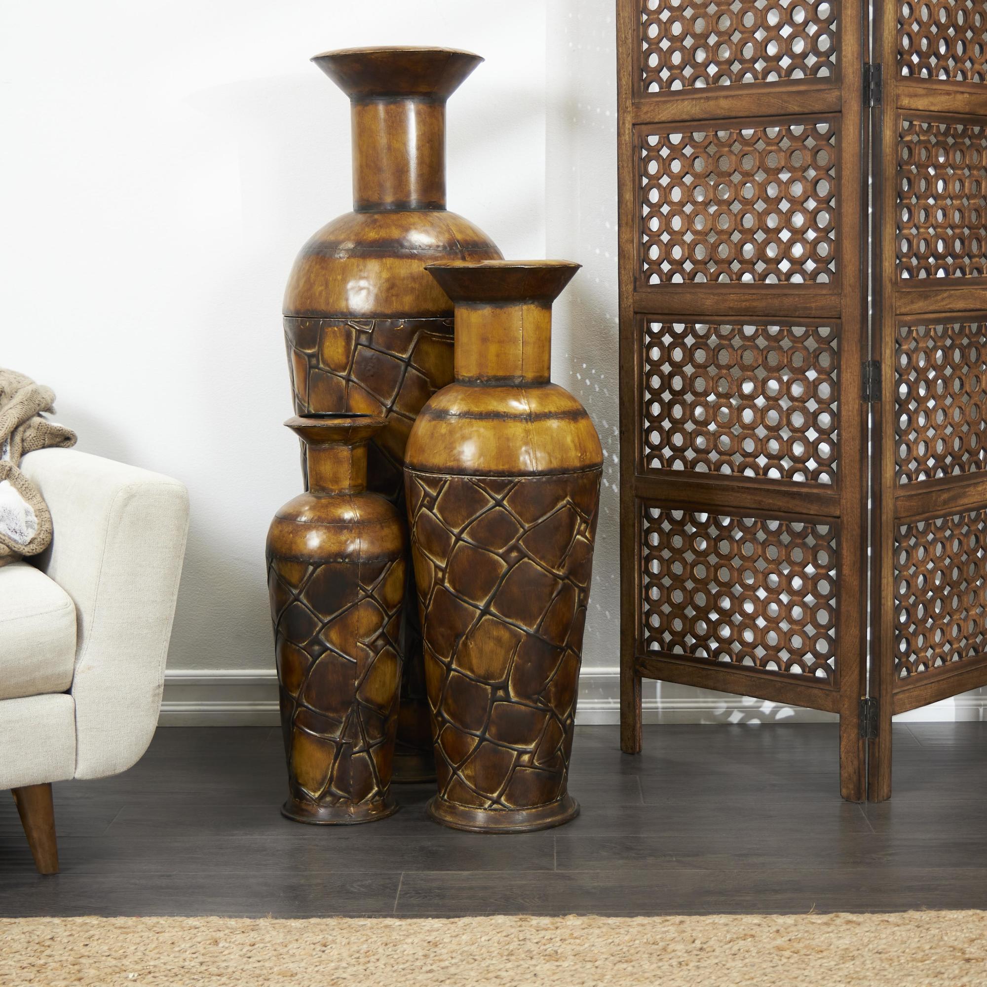 Set of 3 Brown Metal Indoor Outdoor Tall Floor Bottleneck Decorative Vase with Tortoise Shell Pattern