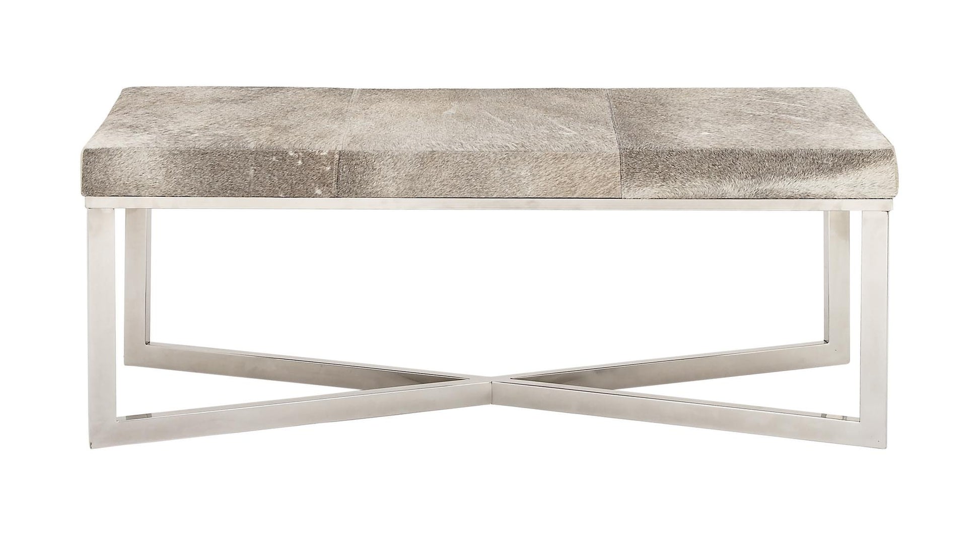 Gray Leather Handmade Cowhide Home Bench with Silver Metal Base