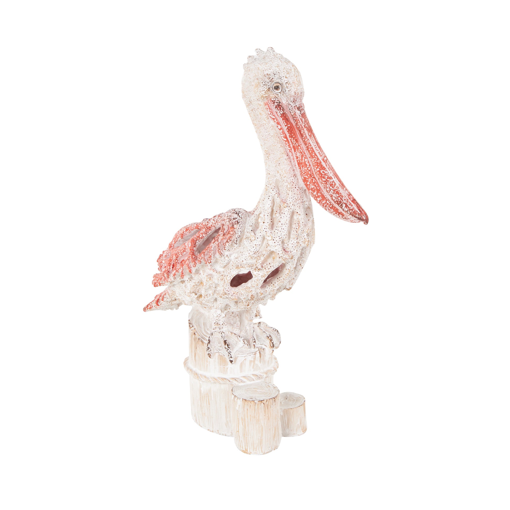 Pelican Polystone Textured Decorative Sculpture with Red Feathers and Round Blocks 8" x 4" x 13"