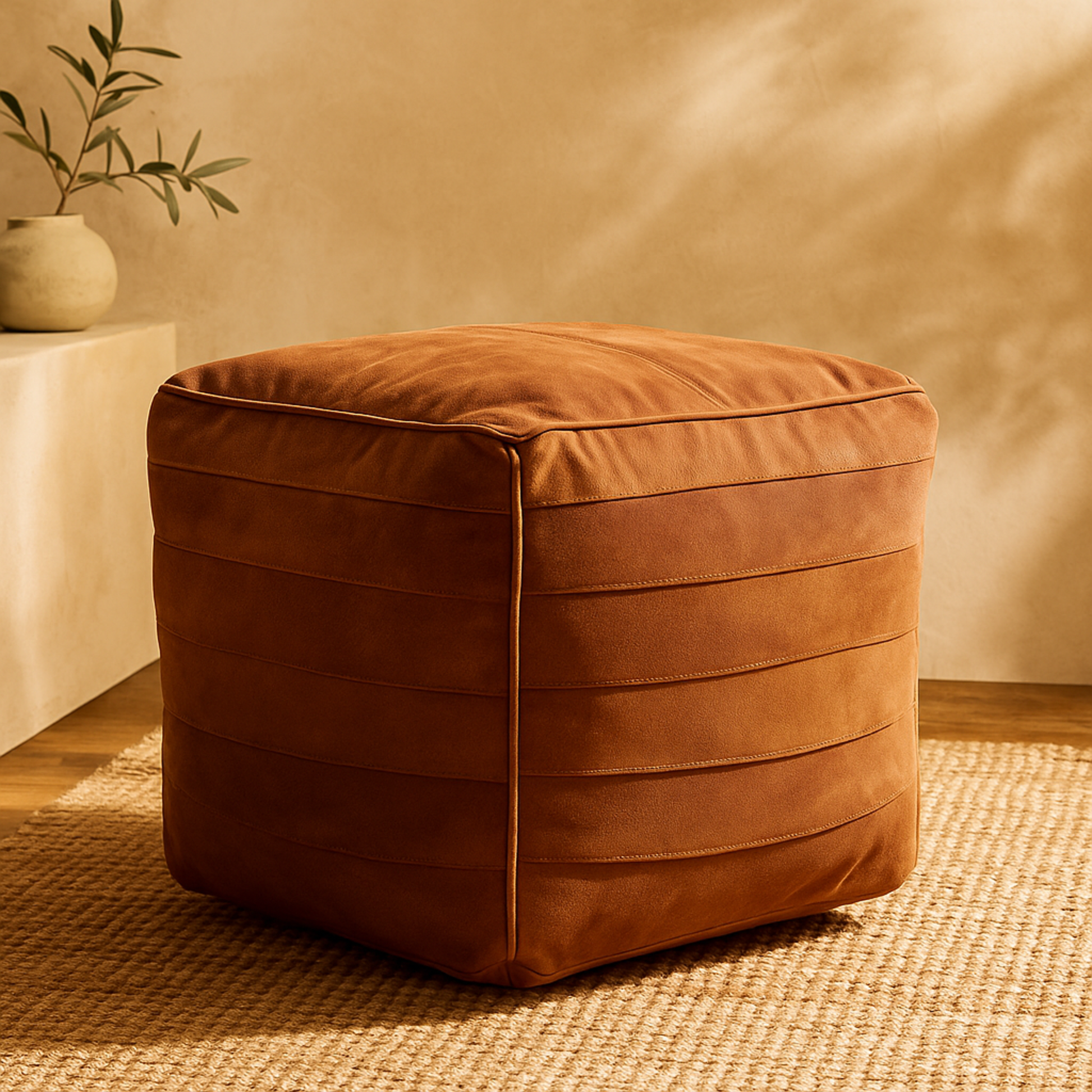 Leather Stuffed Pouf with Linear Panels