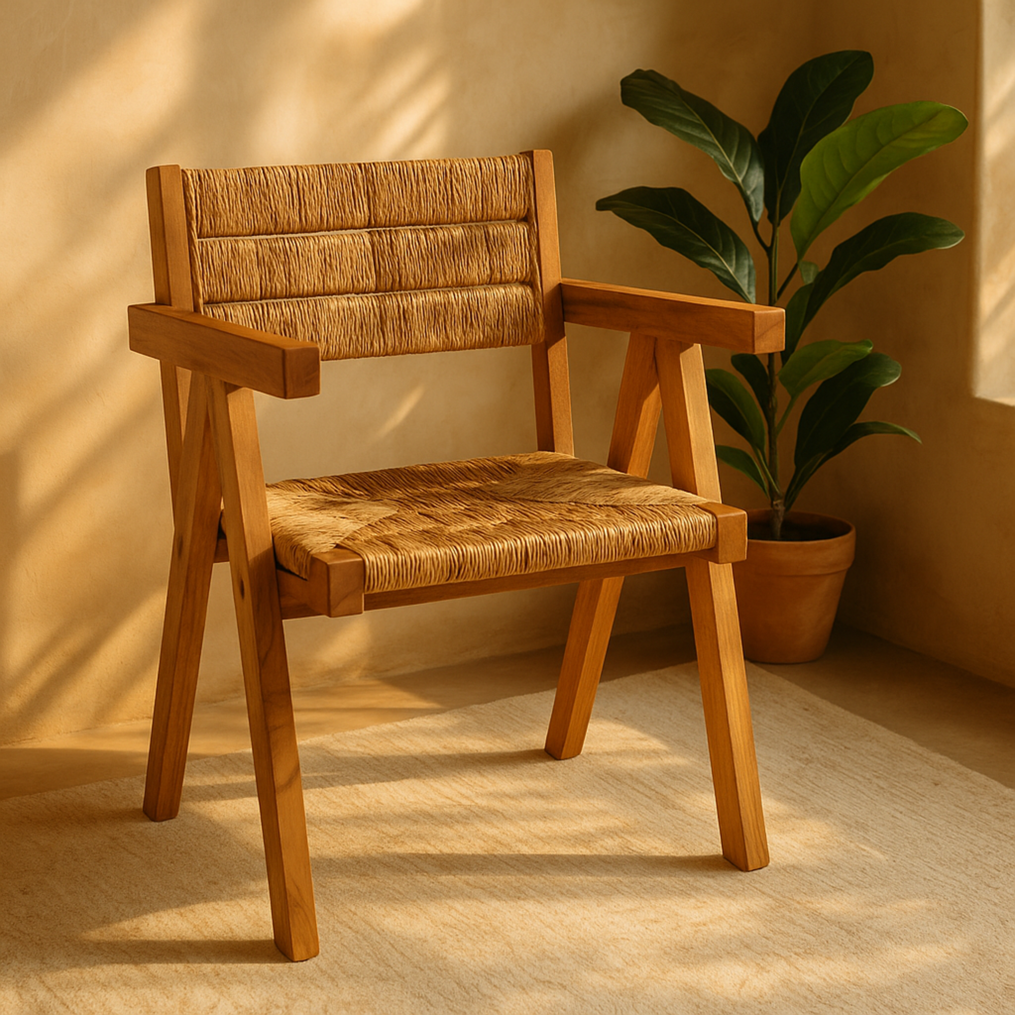 Brown Teak Wood Handmade Mid-Century Living Room Accent Chair with Wrapped Banana Leaf Seat