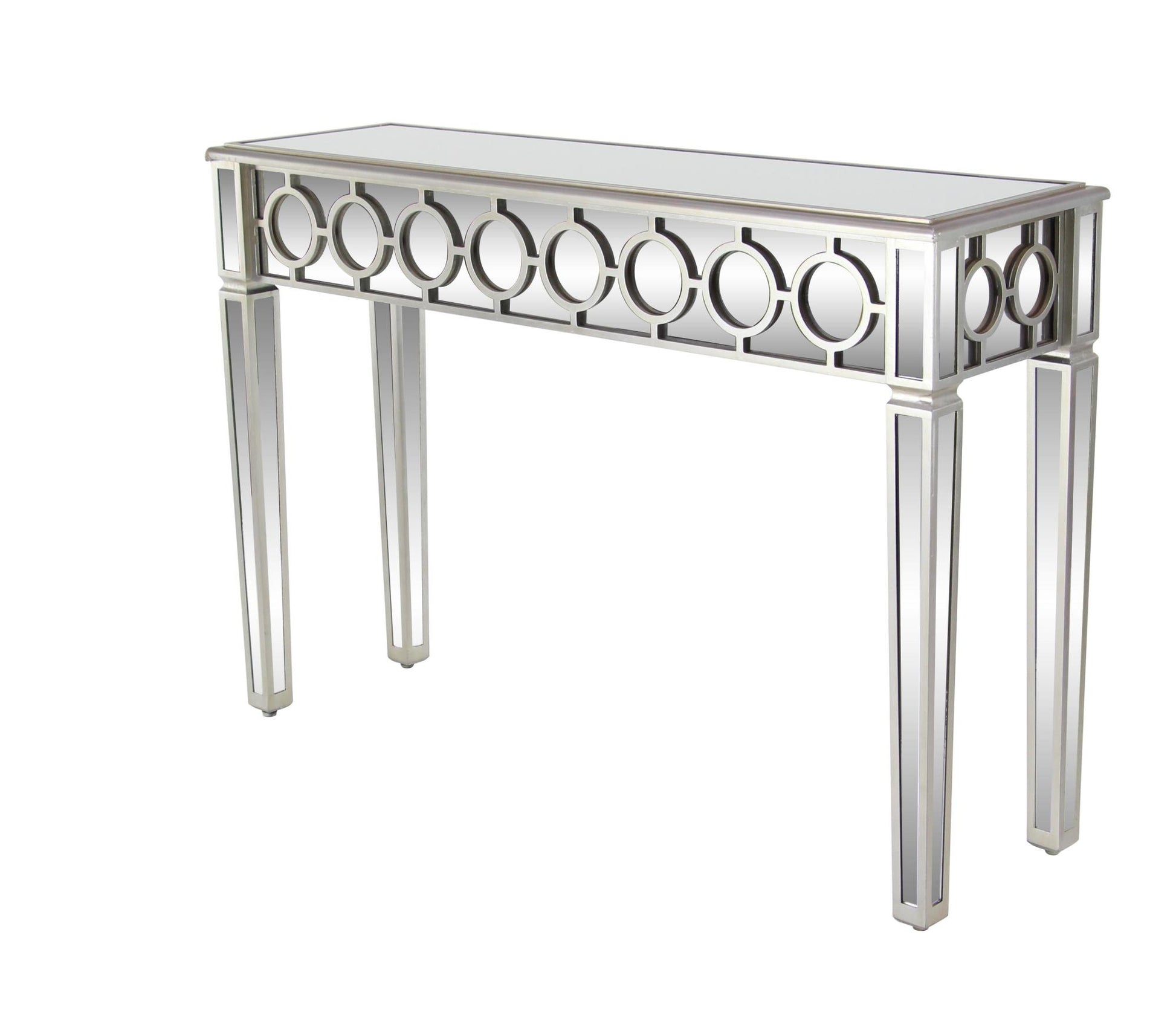 Geometric Silver Glass Mirrored Living Room Console Table with Circular Panel Inlay