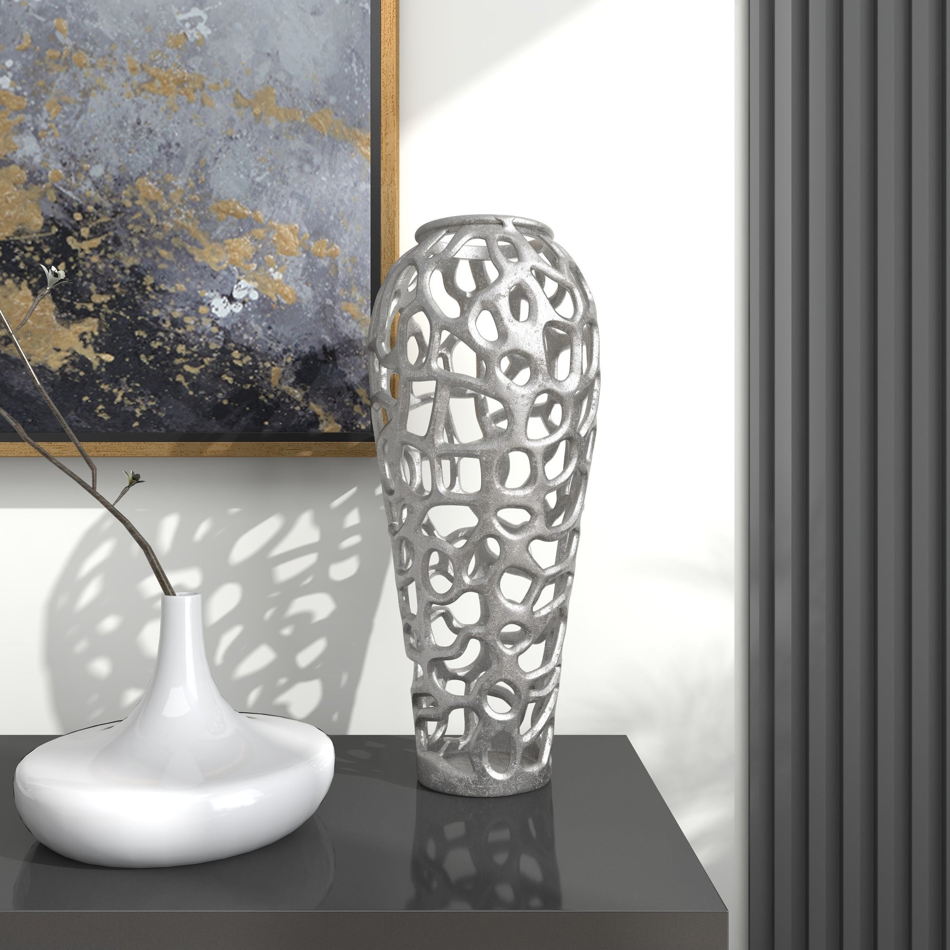 Coral Silver Aluminum Metal Cutout Decorative Vase