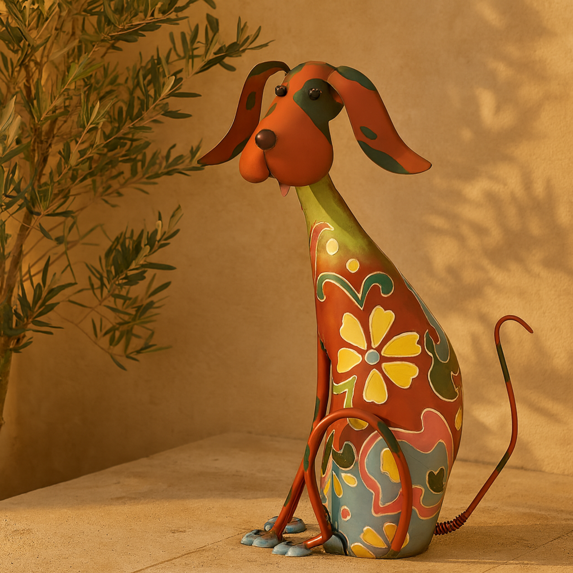 Dog Multi Colored Metal Indoor Outdoor Decorative Garden Sculpture with Floral Pattern