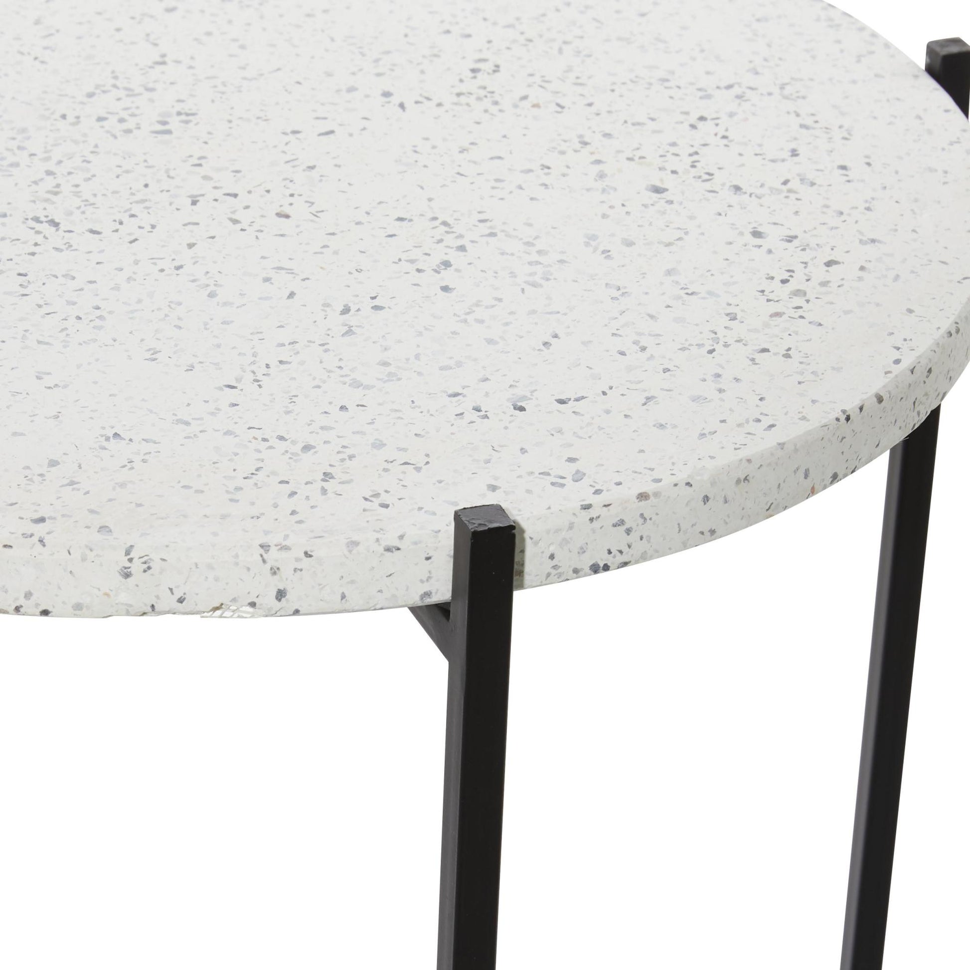 White Terrazzo Stone Side End Accent Table with Black Metal X-Stand