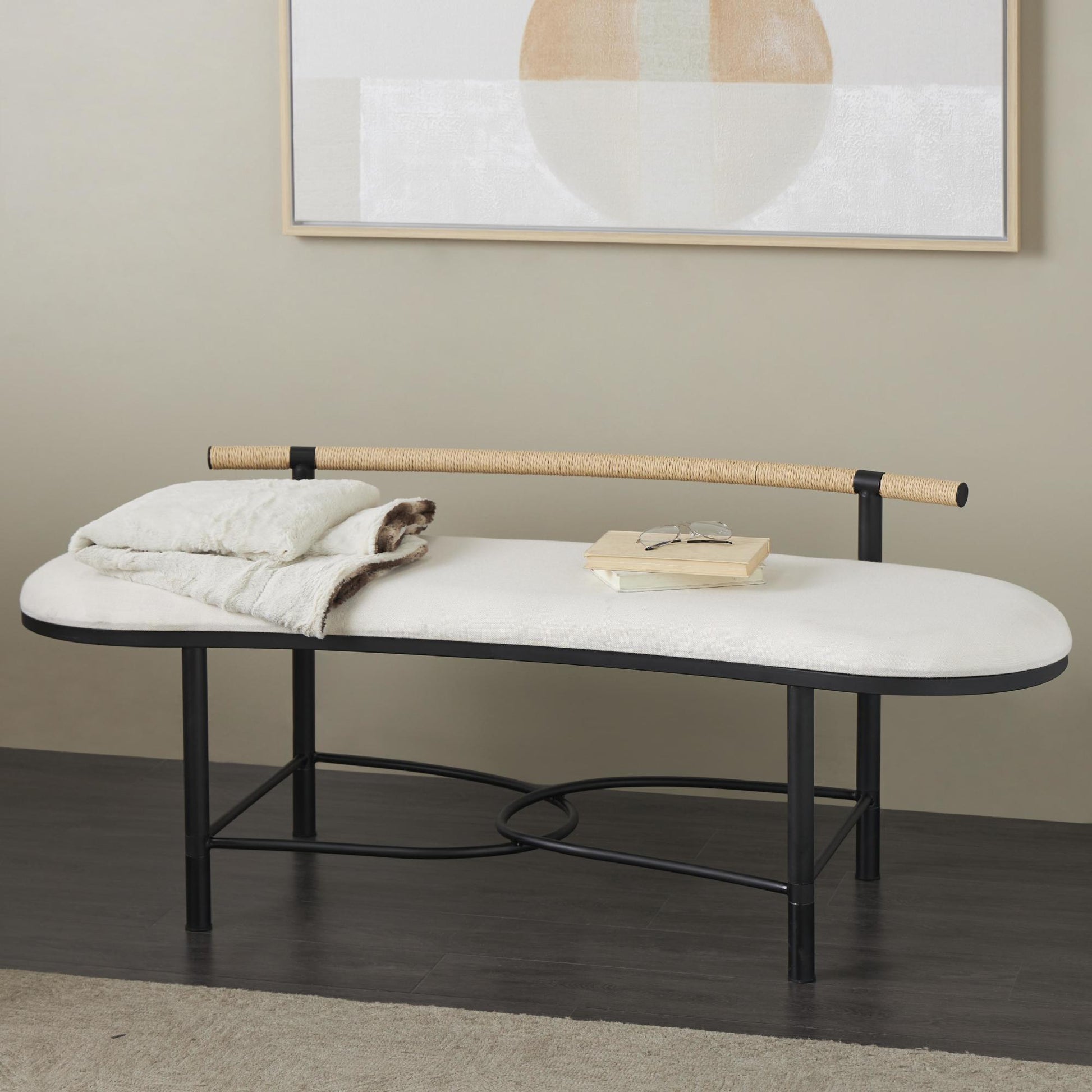 Abstract White Fabric Upholstered Oval Home Bench with Black Metal Frame and Rope Rod Backrest