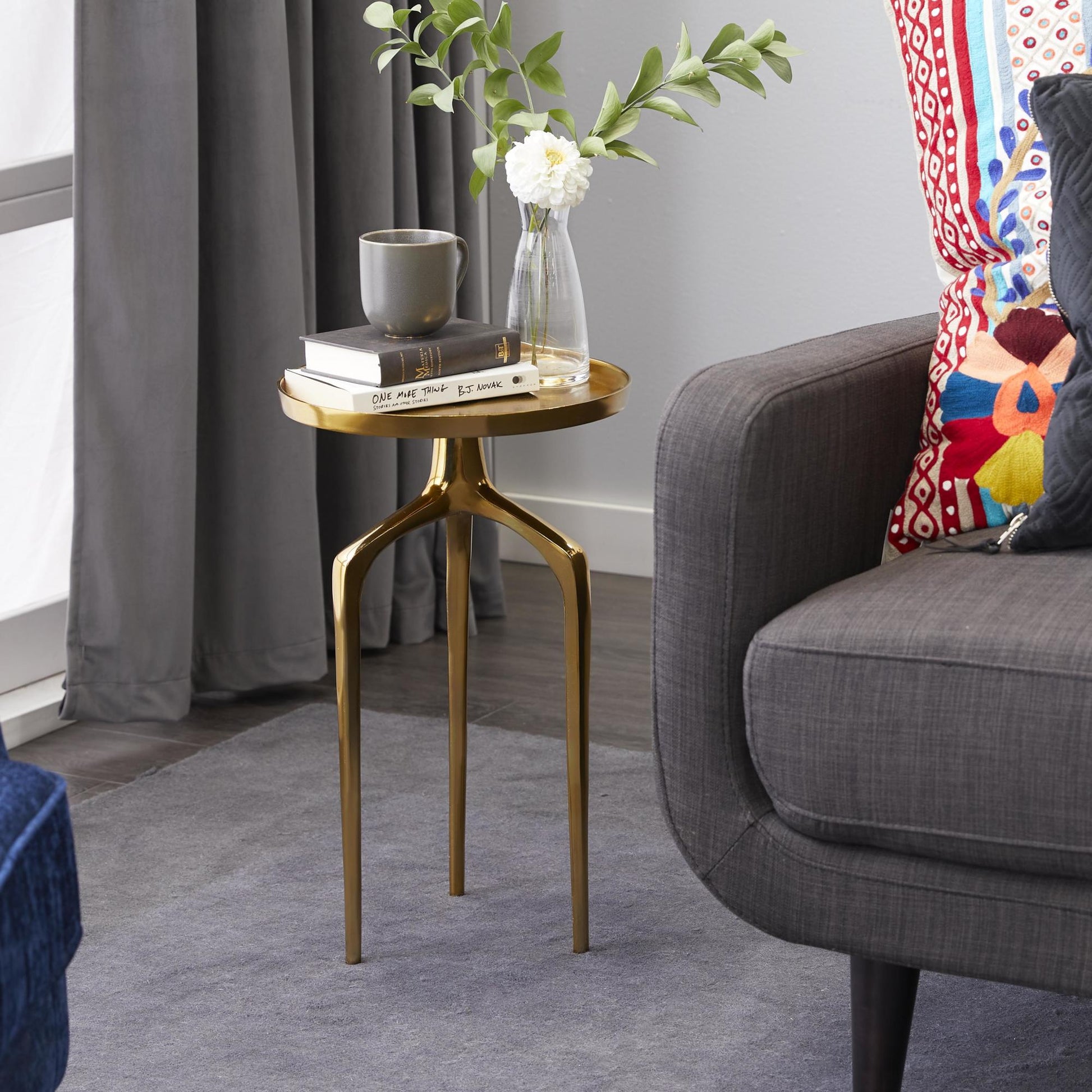 Aluminum Metal Tray Inspired Top Side End Accent Table with 3 Tripod Legs