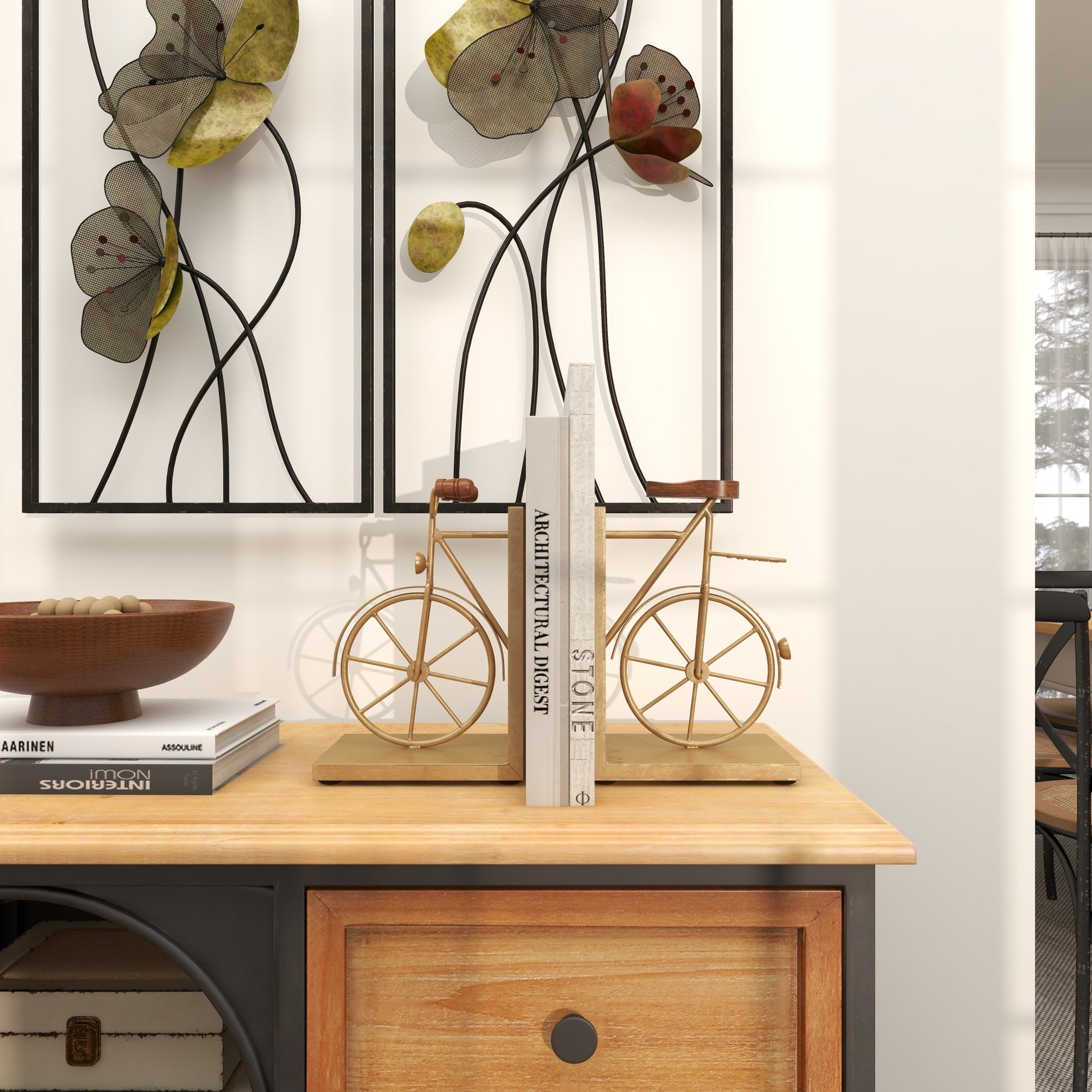 Set of 2 Bike Metal Vintage Inspired Decorative Bookends with Wood Accents Set of 2 7"W, 9"H