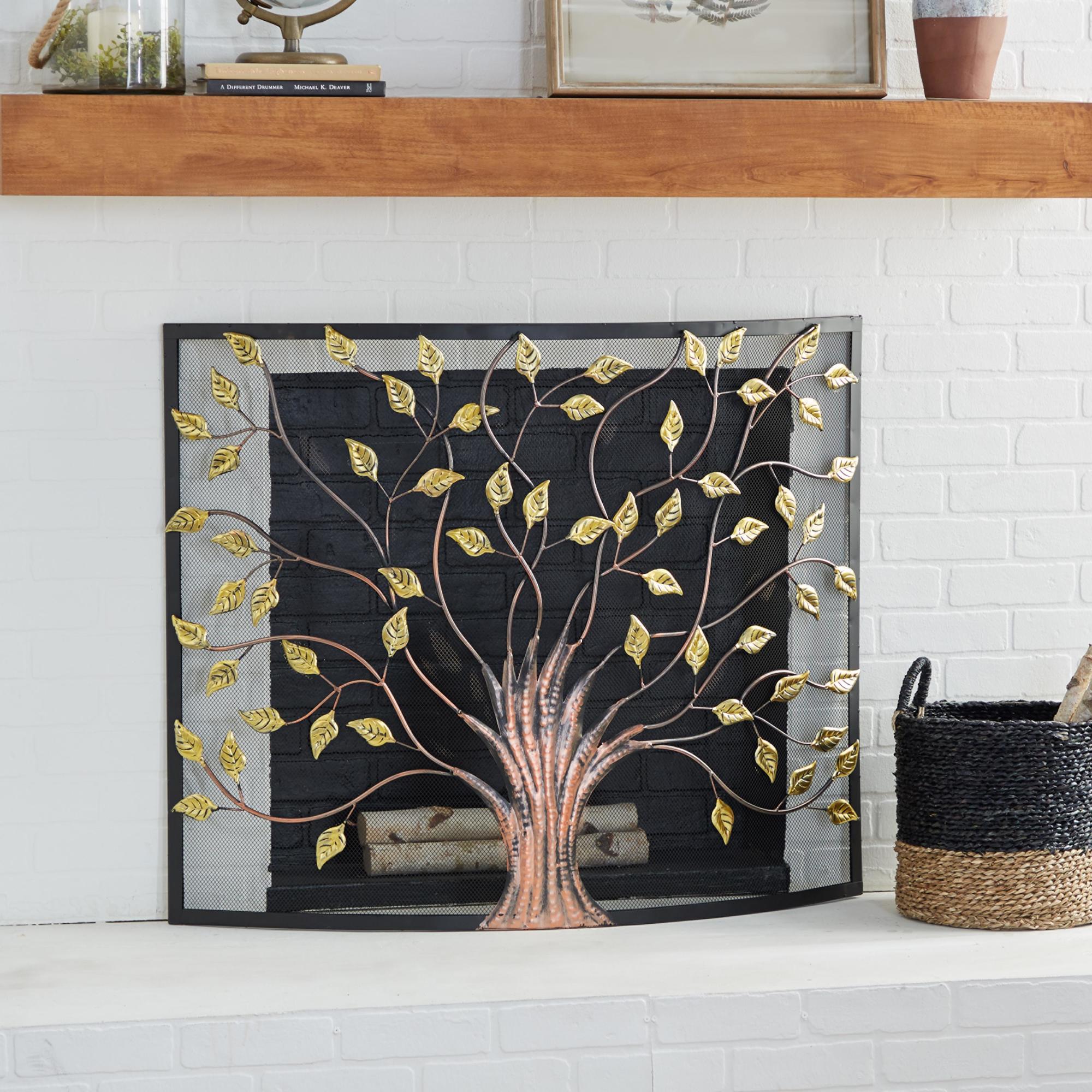 Tree Bronze Metal Sculpted Relief Single Panel Living Room Fireplace Screen with Curved Mesh Netting