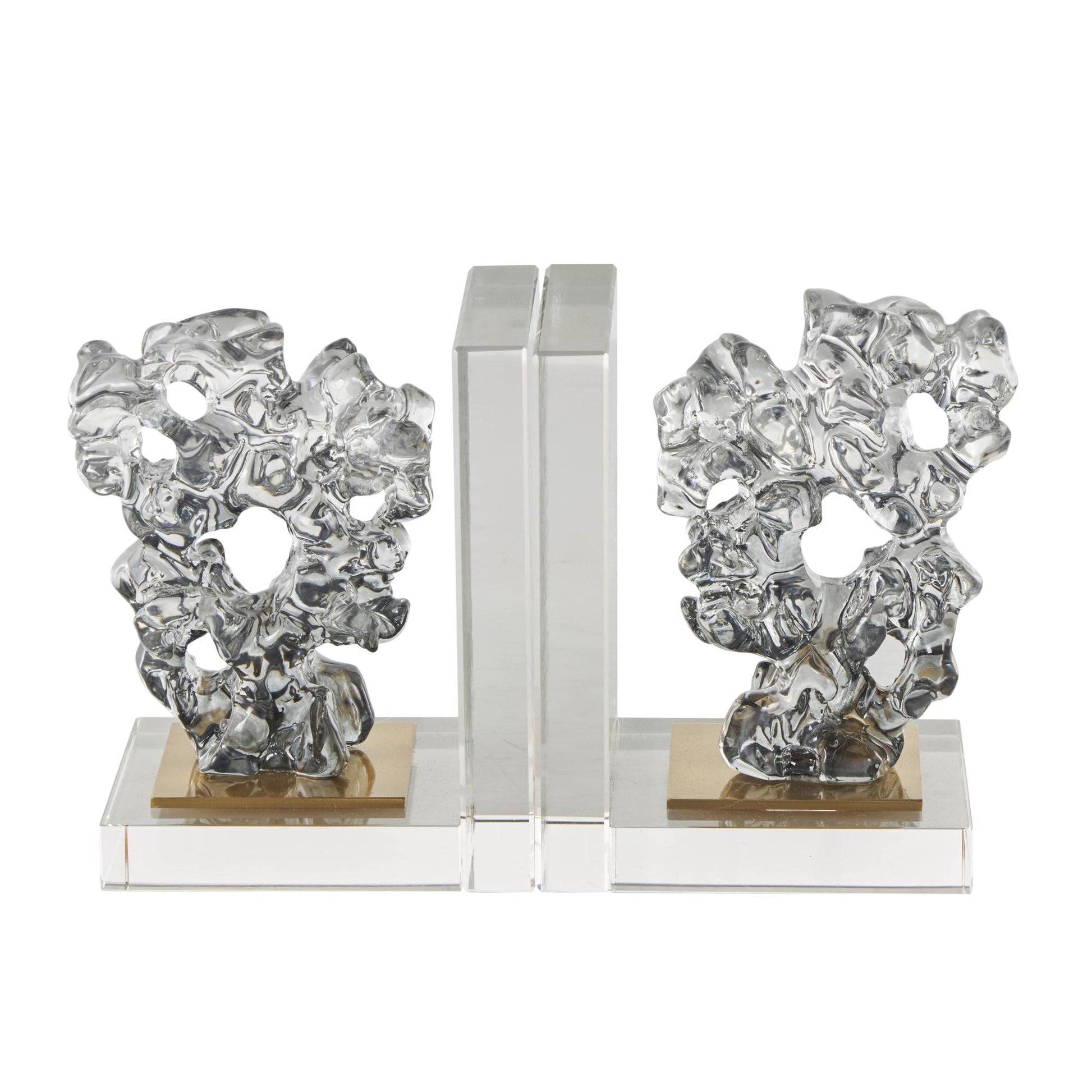 Set of 2 Coral Clear Glass Handmade Freeform Decorative Bookends with Clear Gold Supports