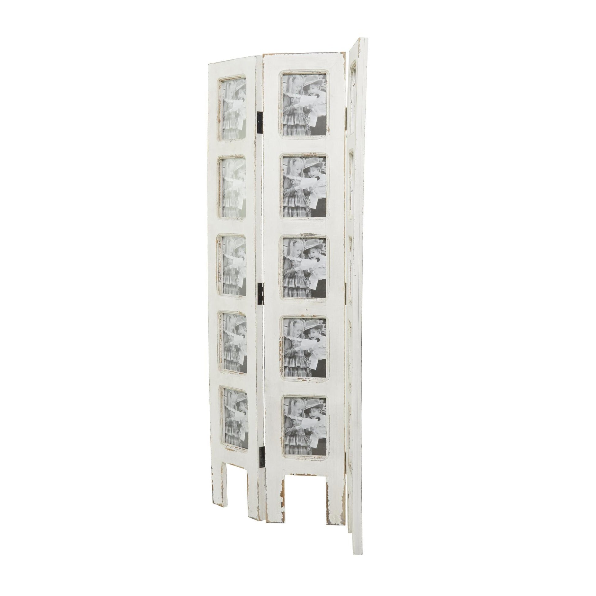 White Wooden Hinged Foldable Partition 3 Panel Partition Room Divider Screen with 15 Photo Slots