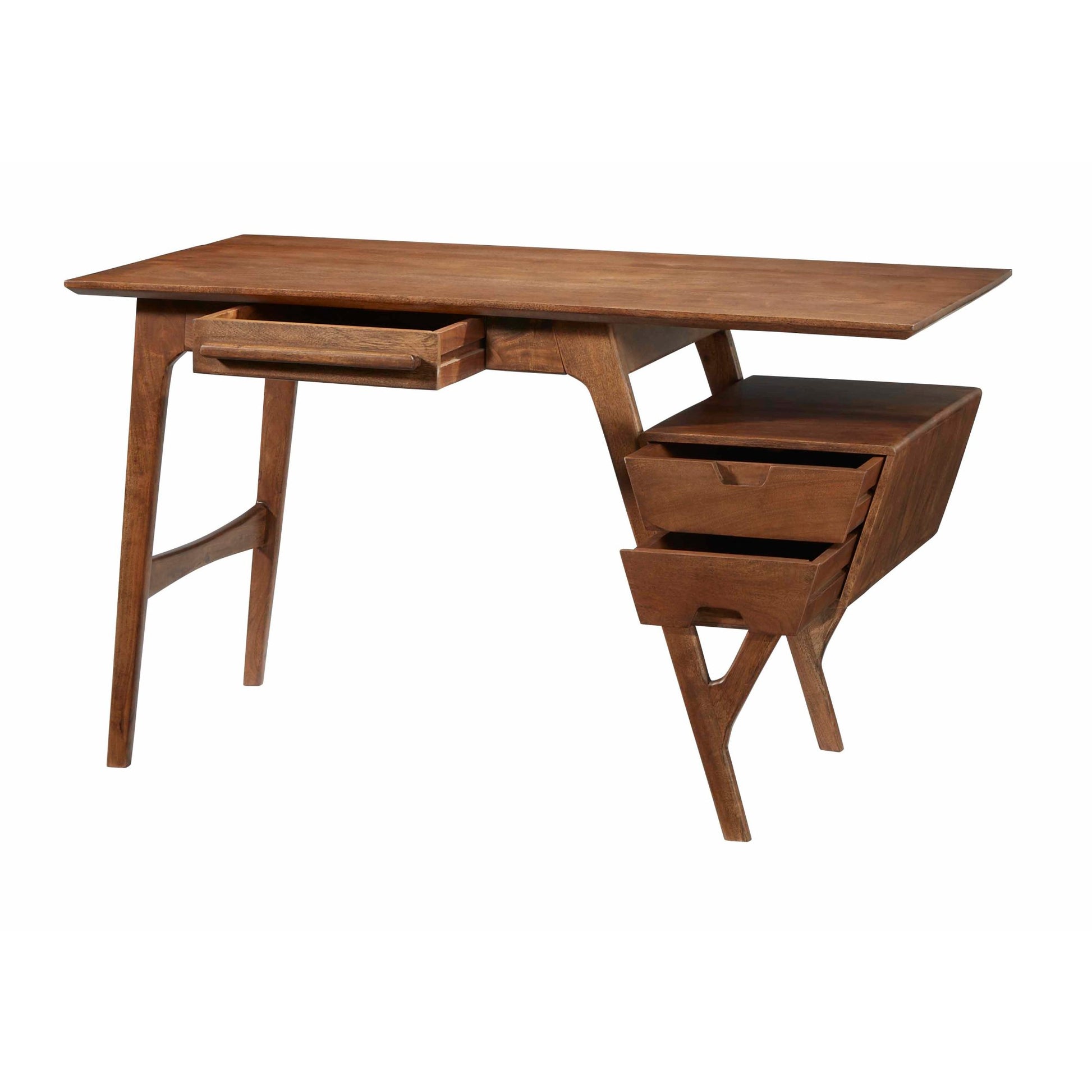 Geometric Brown Wood 3 Drawer Desk with Trapezoid Floating Side Shelf