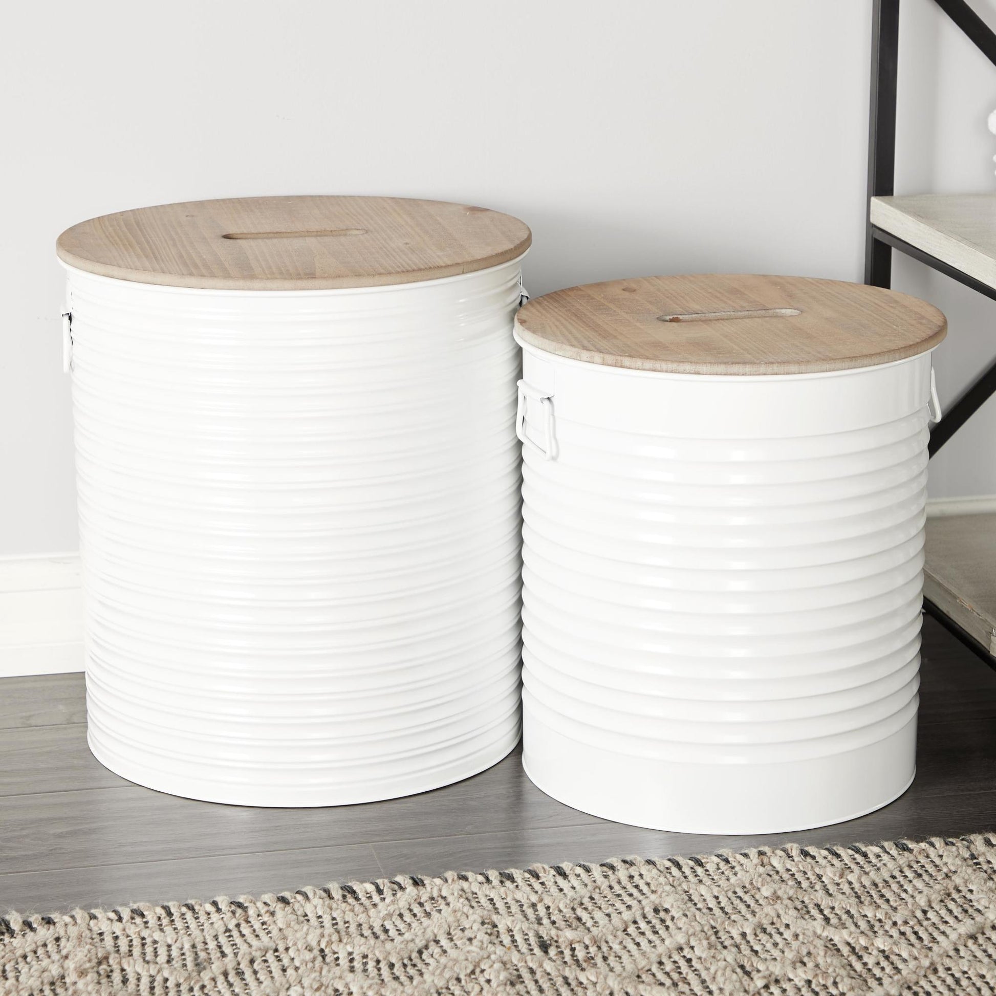 Set of 2 White Metal Room Storage Stool with Brown Wood Top