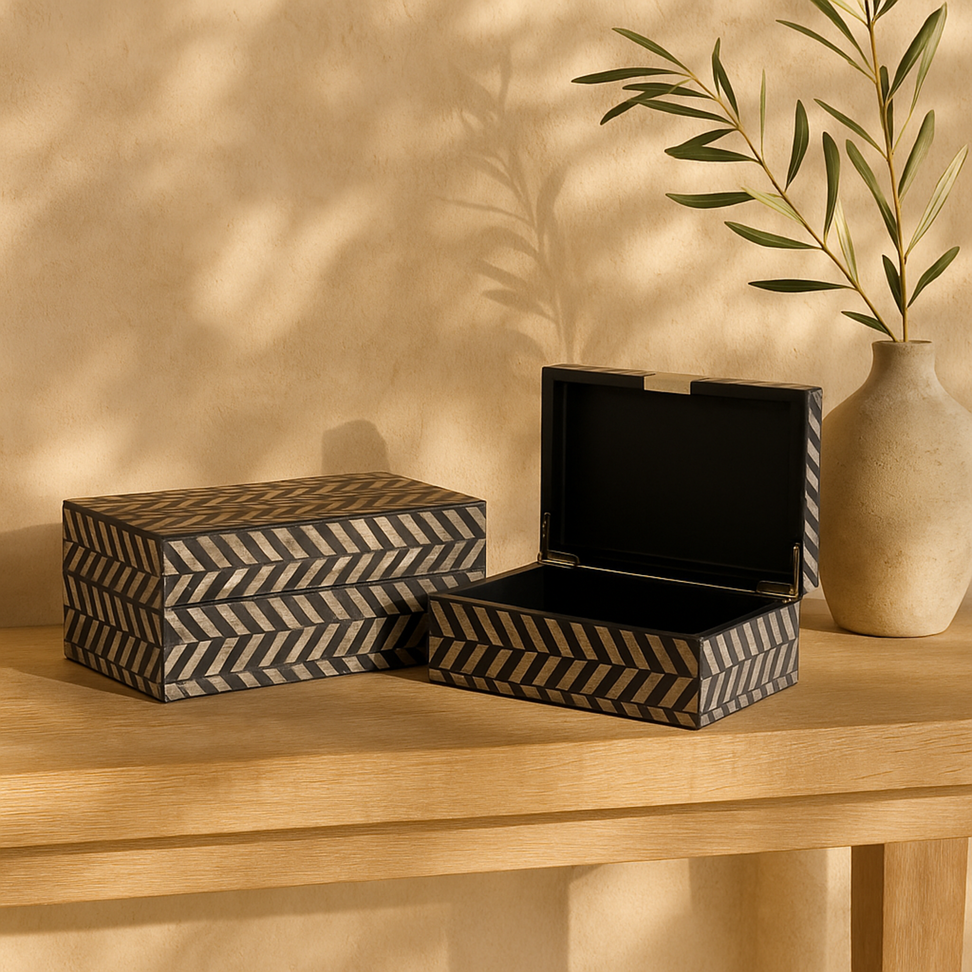 Set of 2 Mother of Pearl Shell Handmade Decorative Box with Hinged Lid Set of 2 12", 8"W