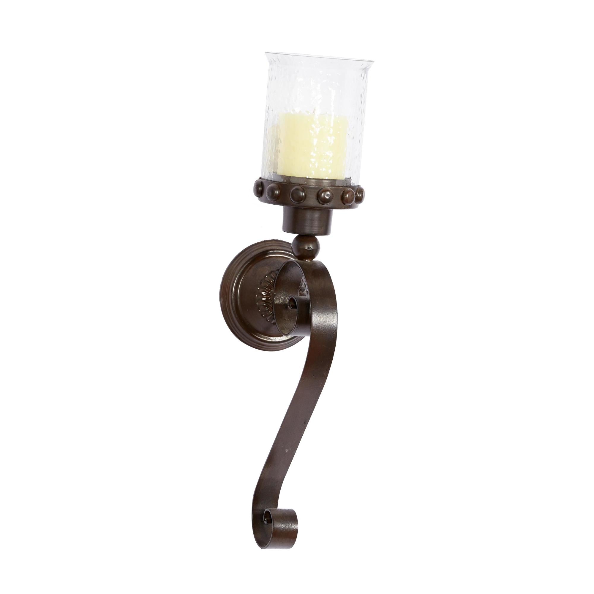 Scroll Brown Metal Studded Pillar Indoor Outdoor Wall Sconce