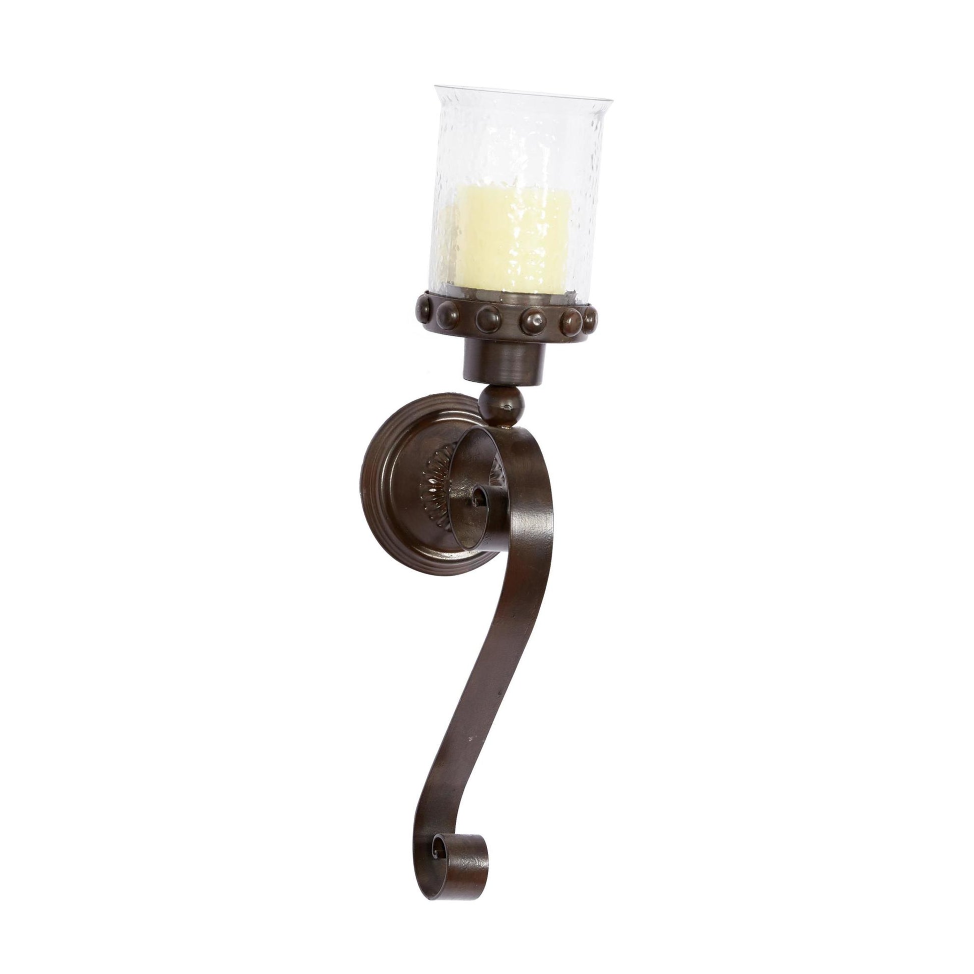 Scroll Brown Metal Studded Pillar Indoor Outdoor Wall Sconce