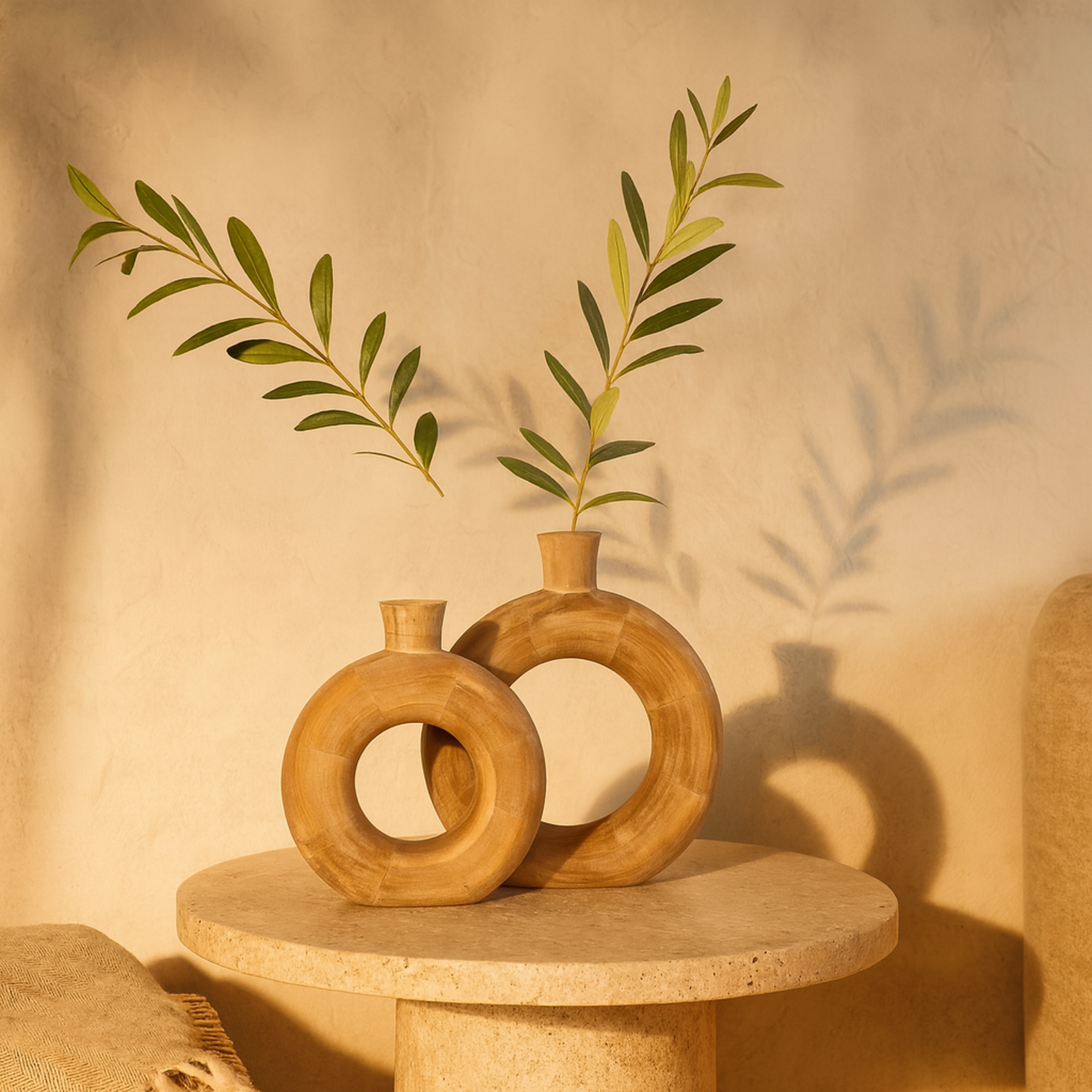 Set of 2 Brown Wood Circular Decorative Vase with Cutout Center