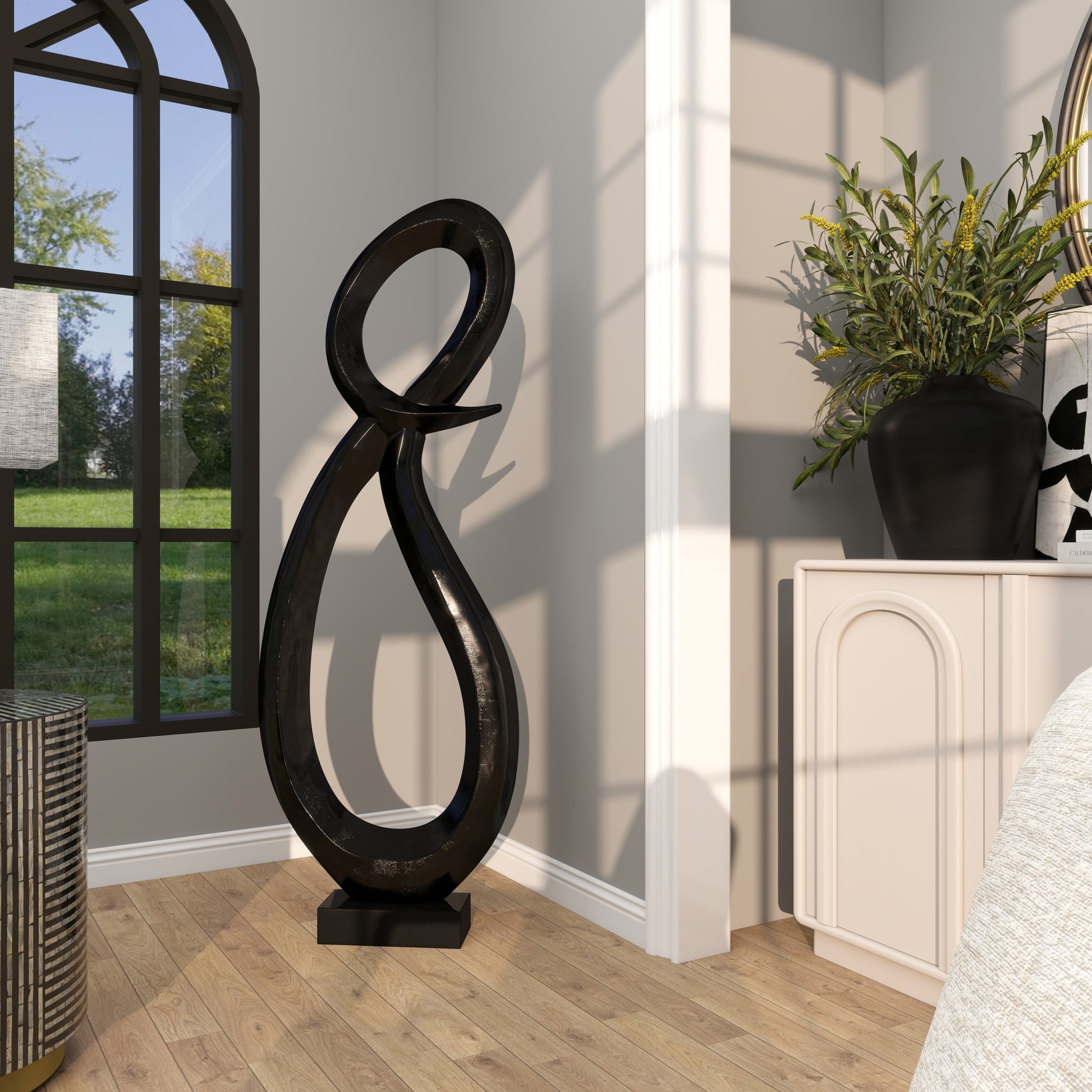 Abstract Aluminum Metal Tall Looped Floor Decorative Sculpture with Black Marble Base