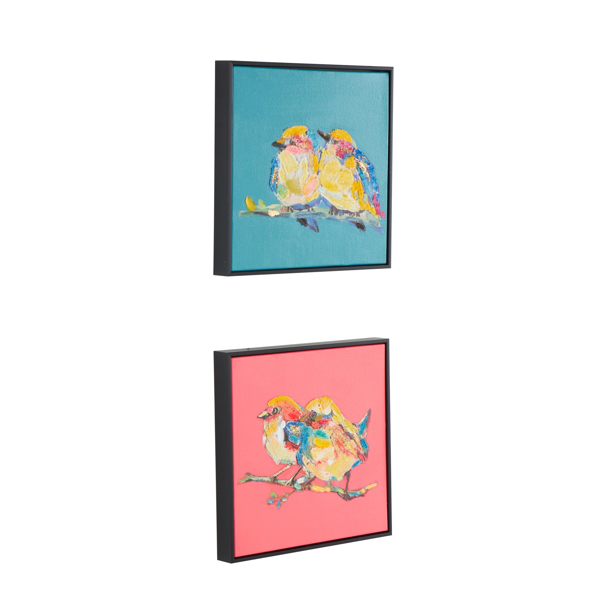 Set of 2 Bird Multi Colored Canvas Colorful Living Room Framed Wall Art with Black Frame and Gold Foil Accents