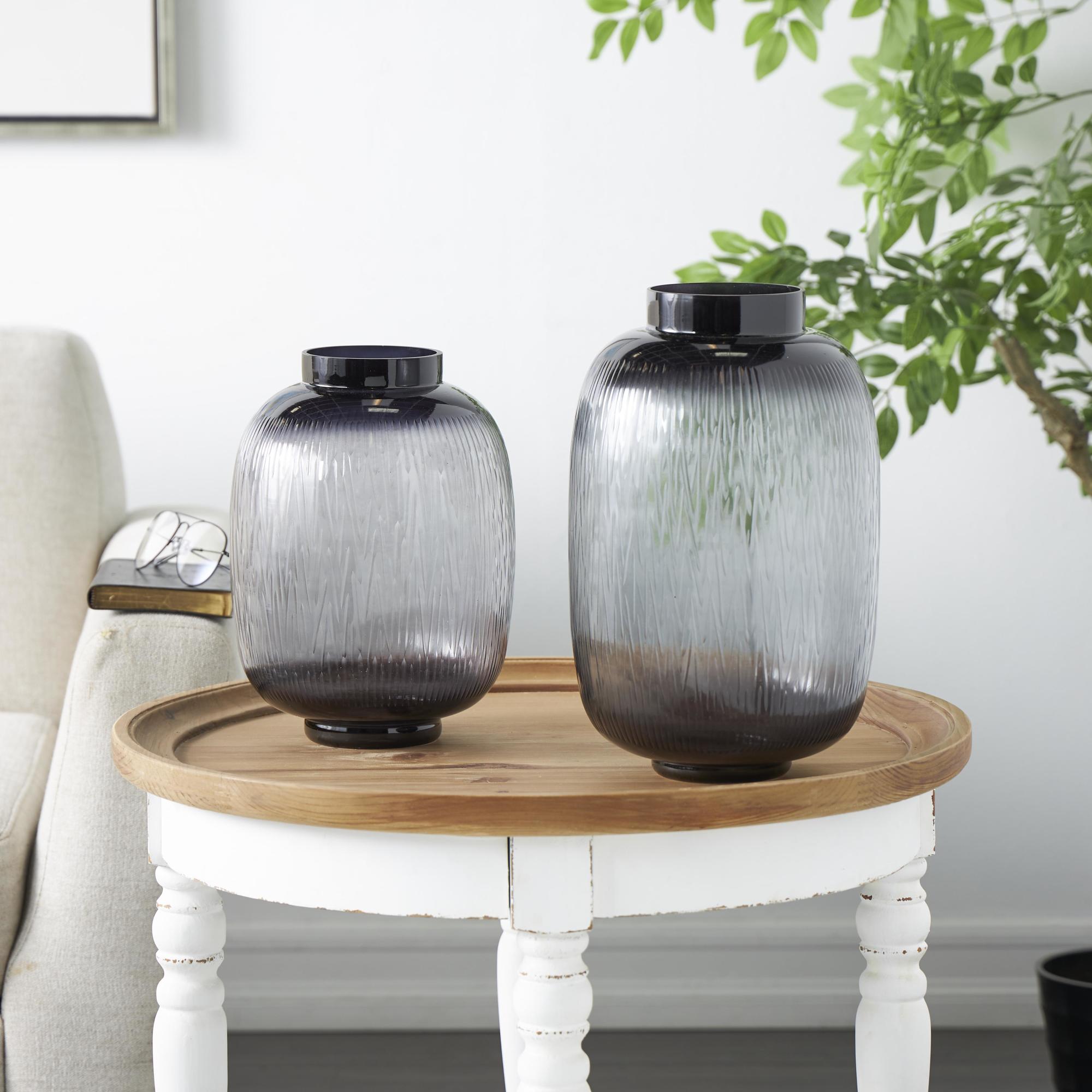 Set of 2 Black Glass Textured Ombre Decorative Vase