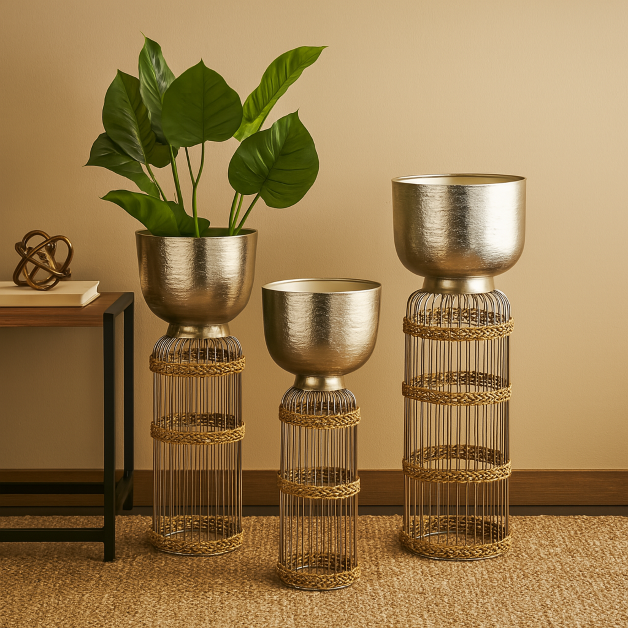 Set of 3 Metal Textured Dome Indoor Planter with Woven Seagrass and Caged Rod Pedestal Base Set of 3 32", 27", 24"H