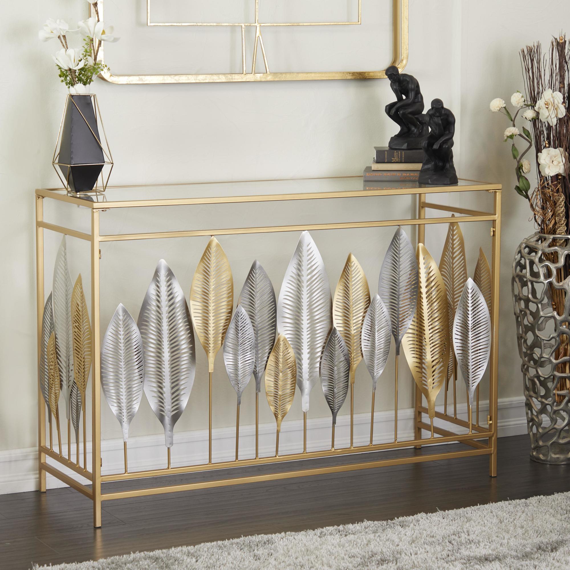 Leaf Metal Rectangular Living Room Console Table with Mirrored Glass Top and Gold Accents