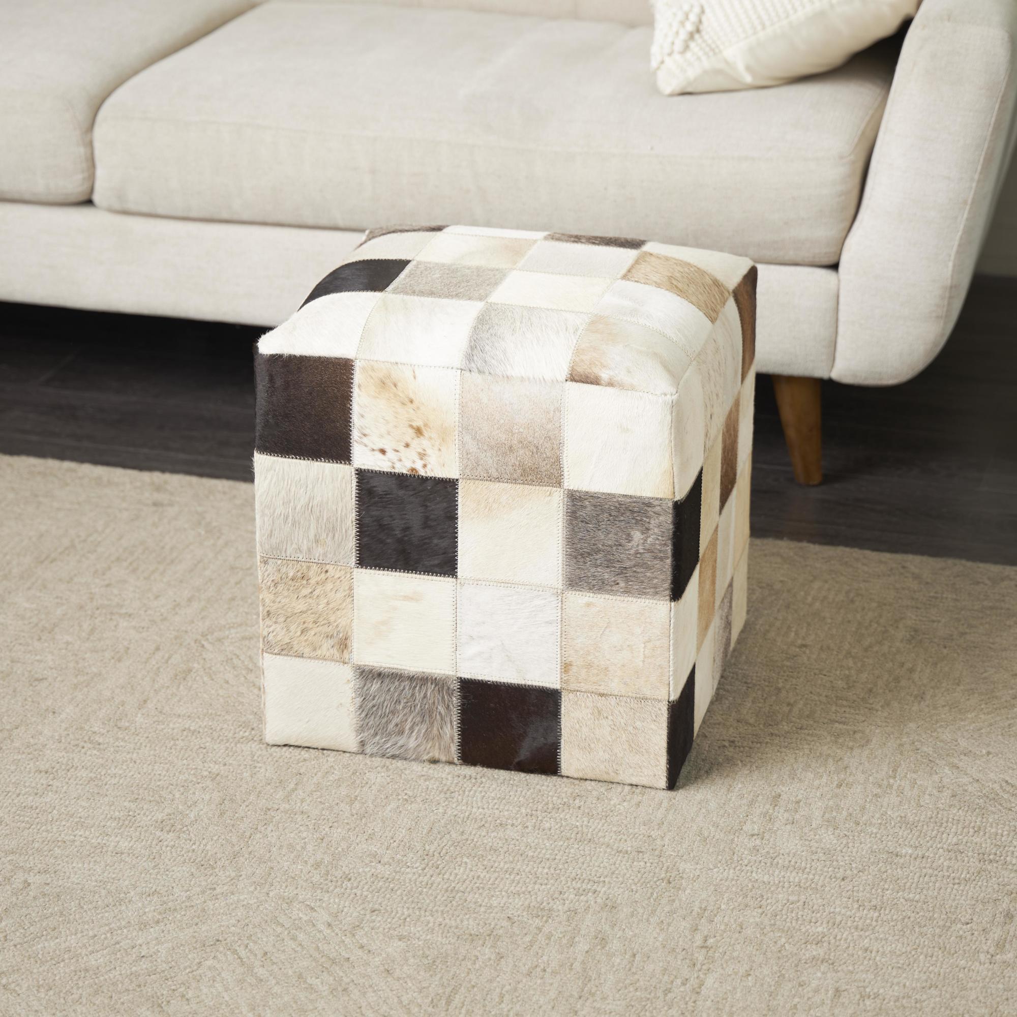 Leather Handmade Living Room Stool with Patchwork Pattern 16" x 16" x 17"