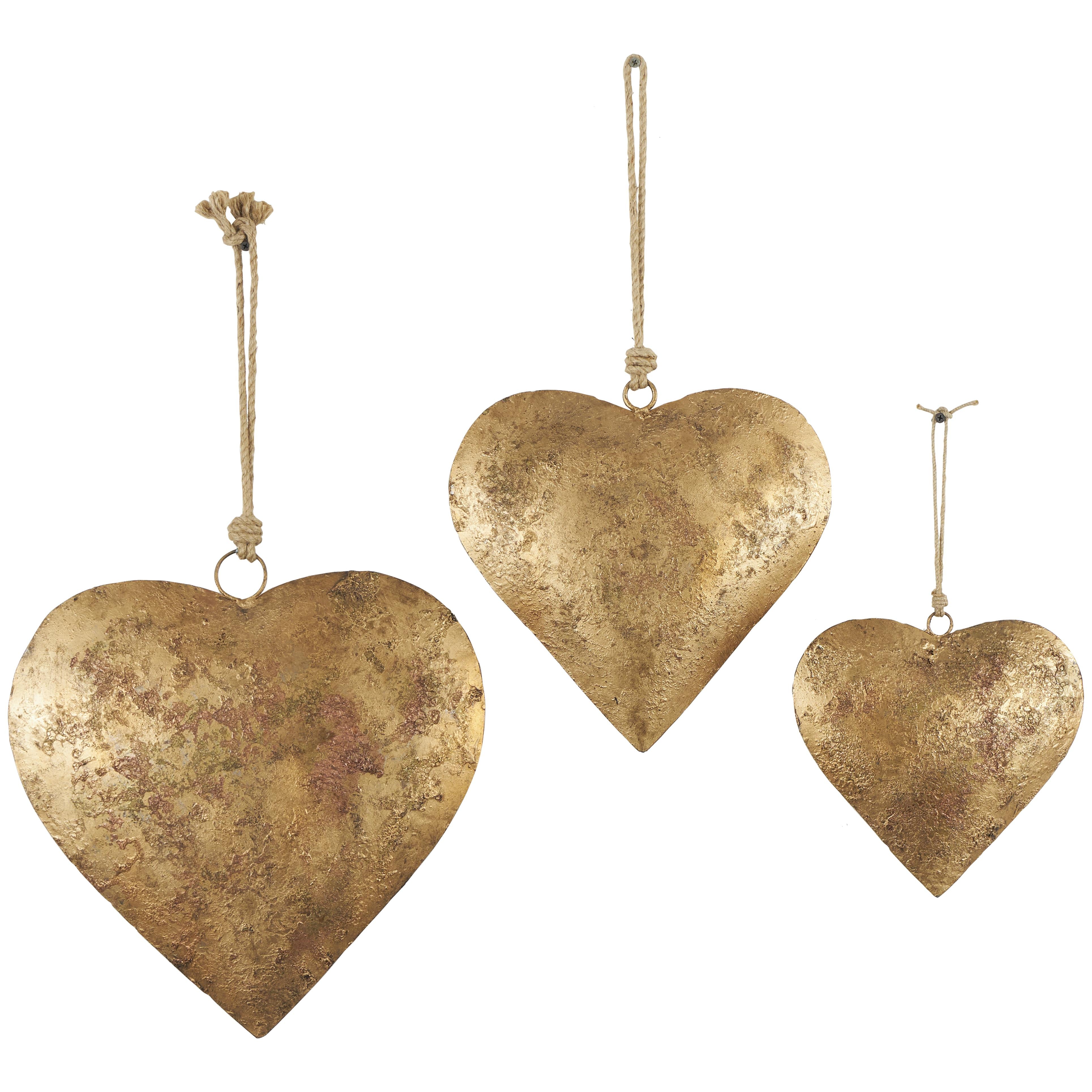 Set of 3 Heart Metal Tibetan Inspired Weathered Indoor Outdoor Decorative Bells with Jute Hanging Rope
