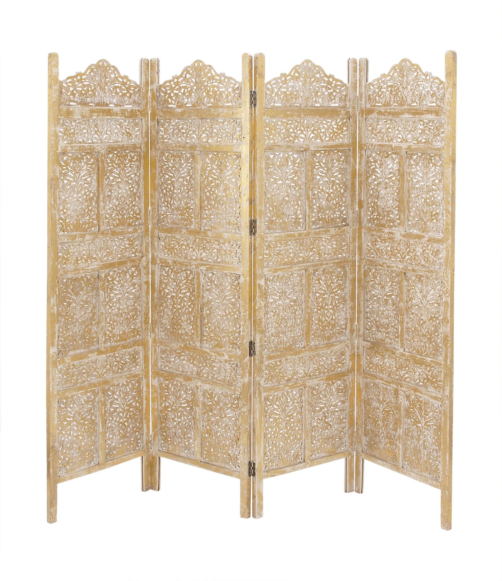 Floral Gold Wooden Handmade Foldable Partition 4 Panel Partition Room Divider Screen with Carved Designs