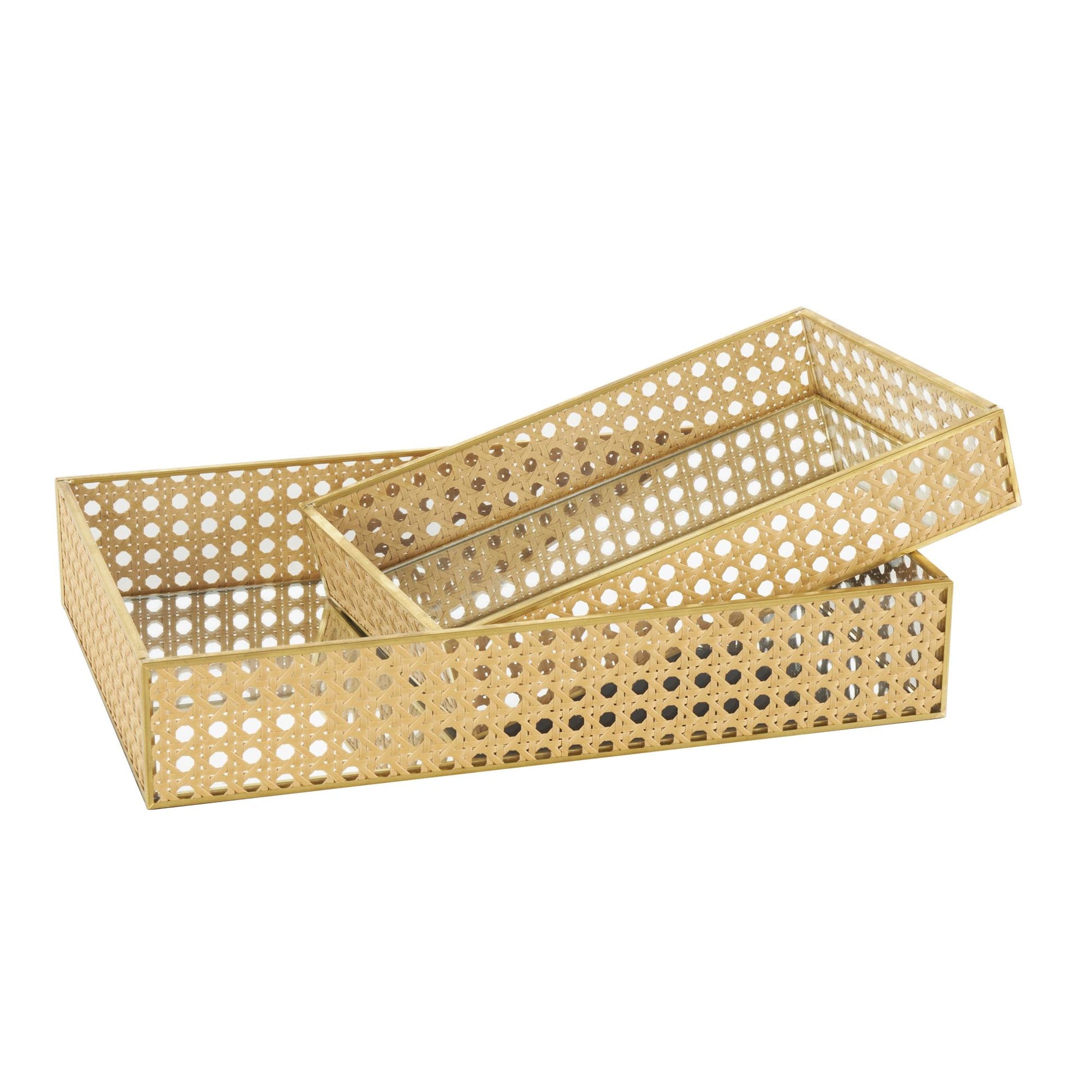 Set of 2 Brown Rattan Woven Living Room Decor Tray with Mirrored Glass Interior