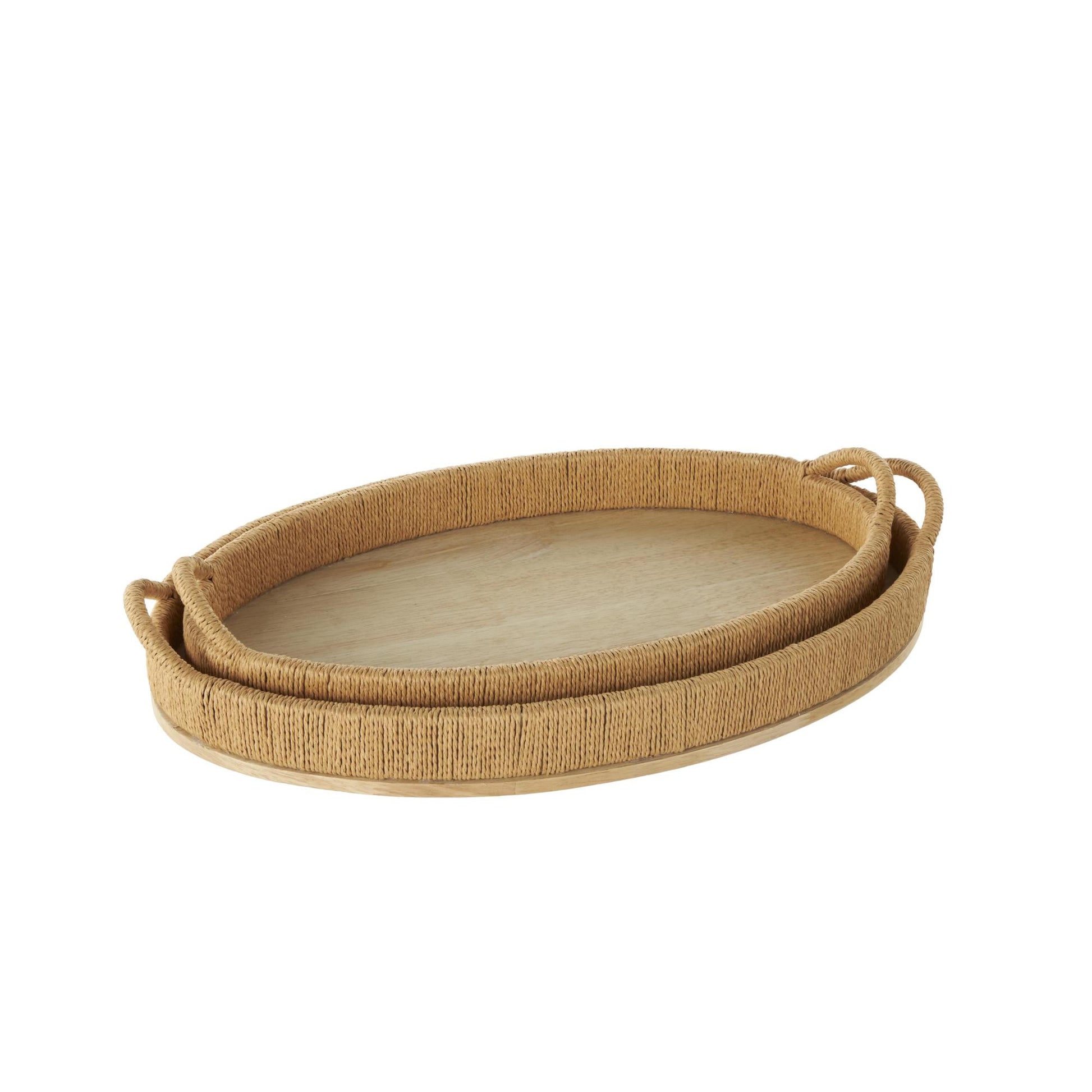 Set of 2 Brown Wood Handmade Living Room Decor Tray with Wood Base