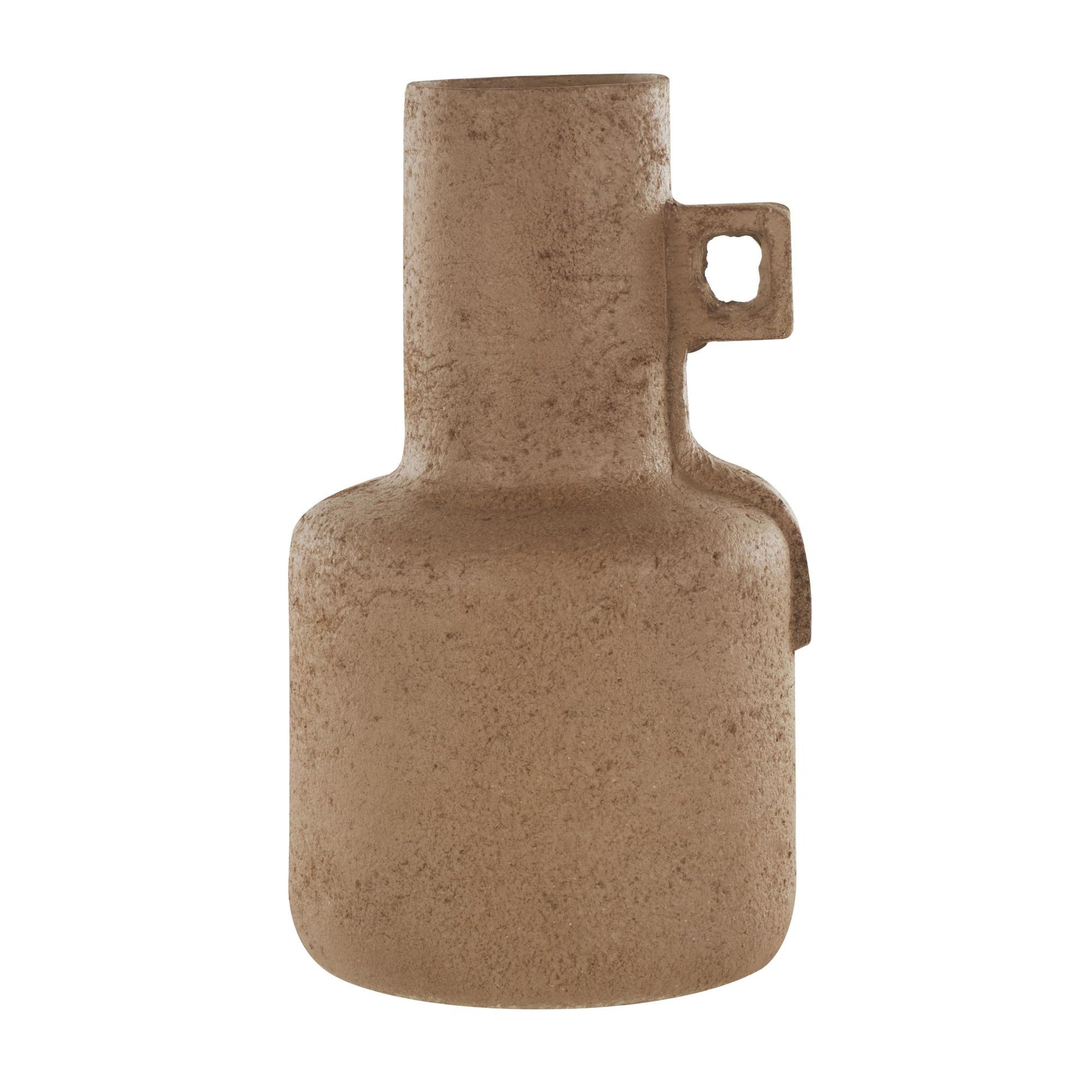 Abstract Brown Paper Mache Distressed Textured Decorative Vase with Triangular Handle