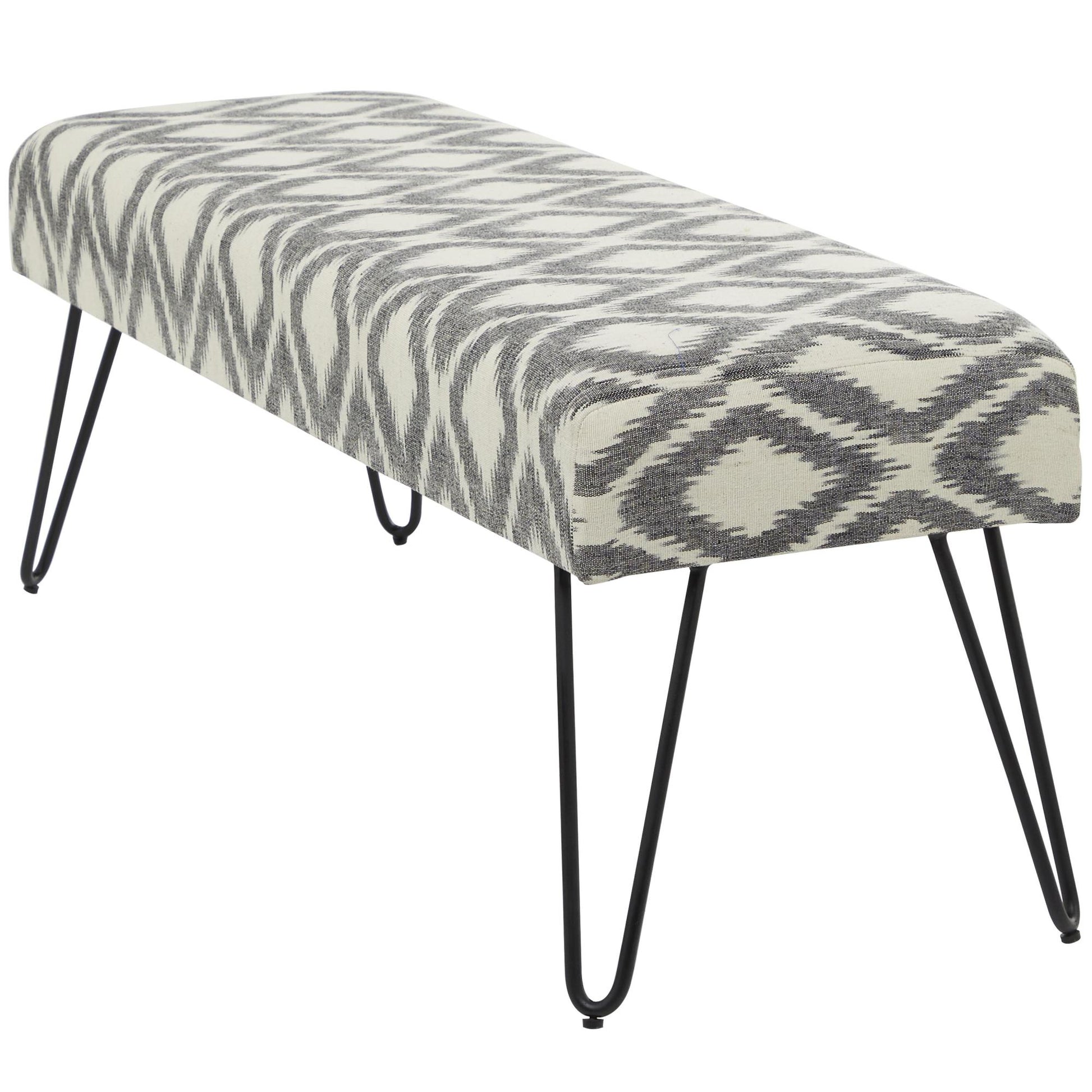 Tribal Cotton Fabric Home Bench with Metal Hairpin Legs