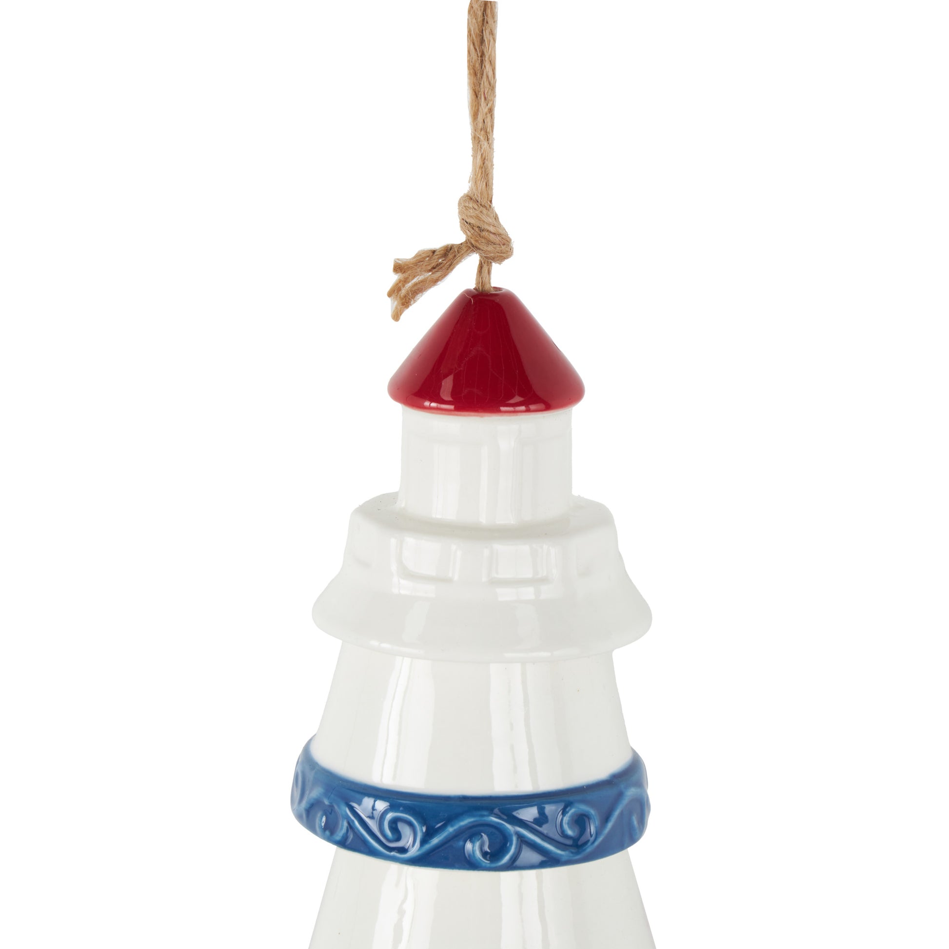 Light House White Ceramic Indoor Outdoor Windchime with Brown Rope and Blue and Red Accents