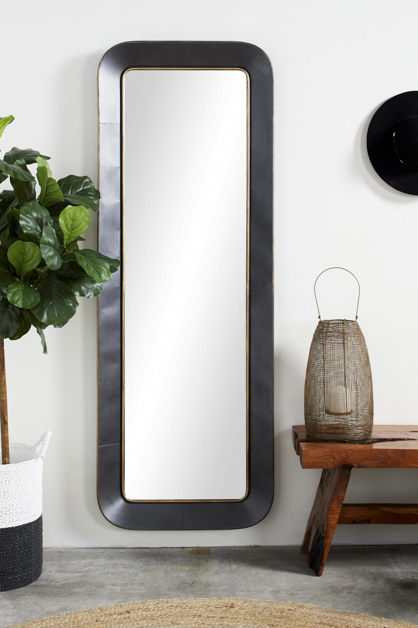 Black Metal Concaved Room Wall Mirror with Gold Detailing