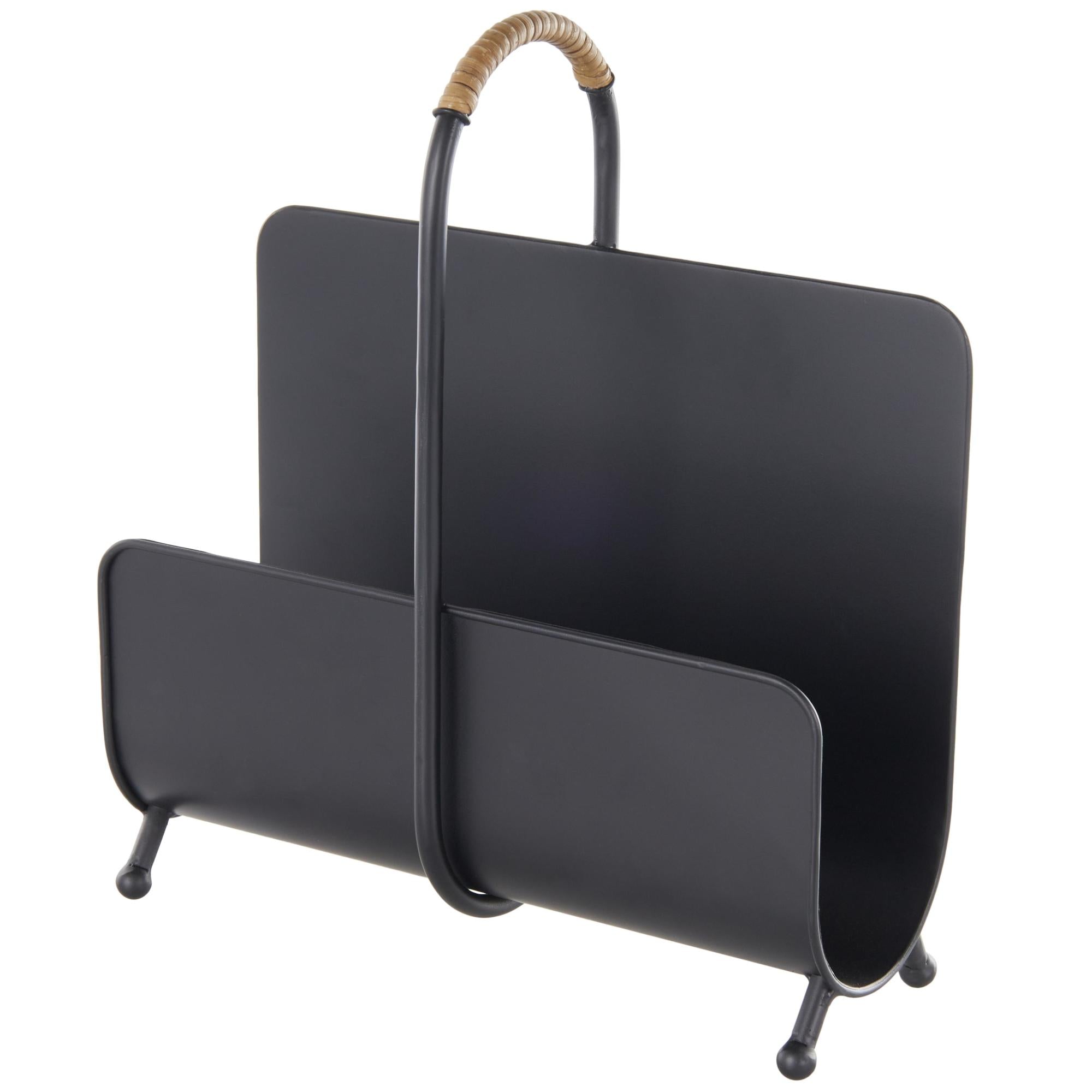 Black Metal Matte Curved Decorative Magazine Holder with Rattan Loop Handle