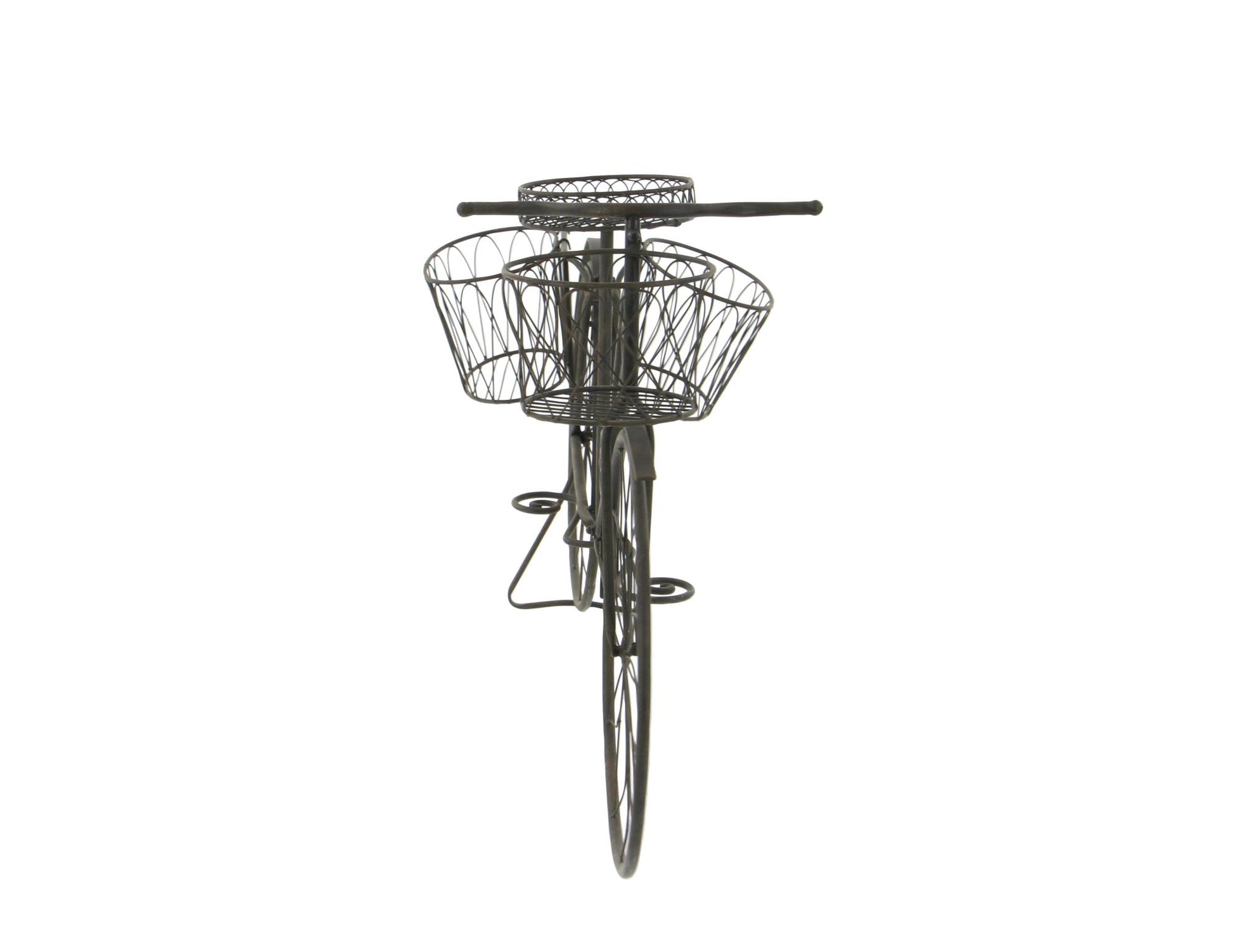Bike Brown Metal Wire Floral Scrolled Indoor Outdoor Plantstand with Basket and Saddle Bag Planters