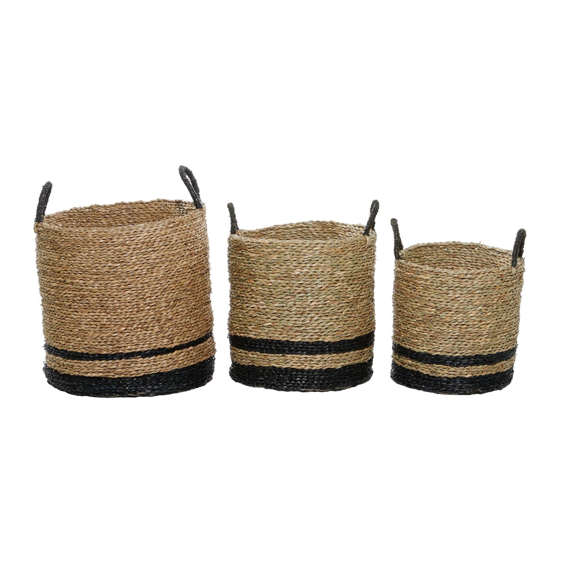 Set of 3 Black Seagrass Handmade Two-Toned Brown Decorative and Functional Storage Basket with Handles