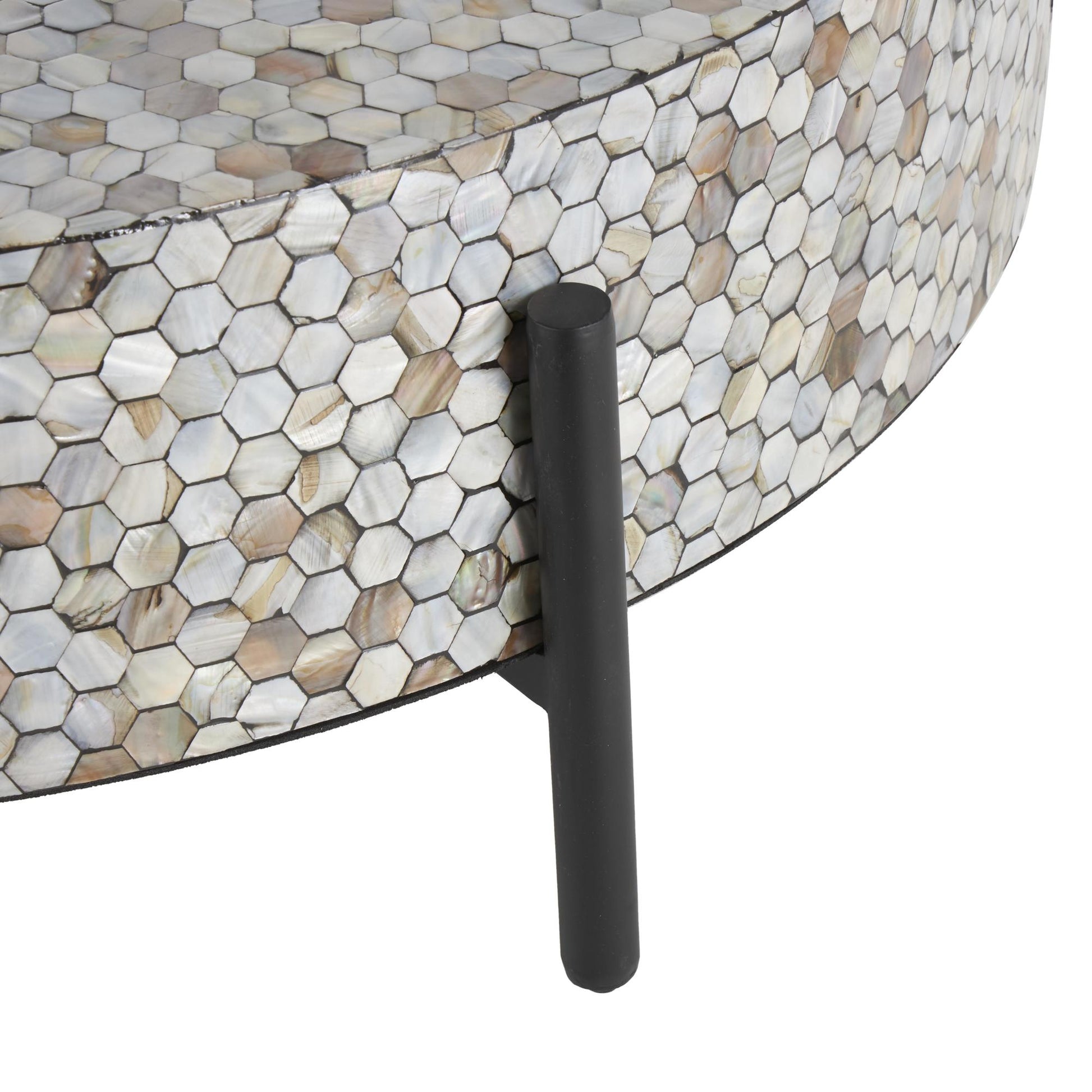 Geometric Mother of Pearl Shell Handmade Mosaic Inlay Living Room Coffee Table with Black Metal Legs 38" x 38" x 12"