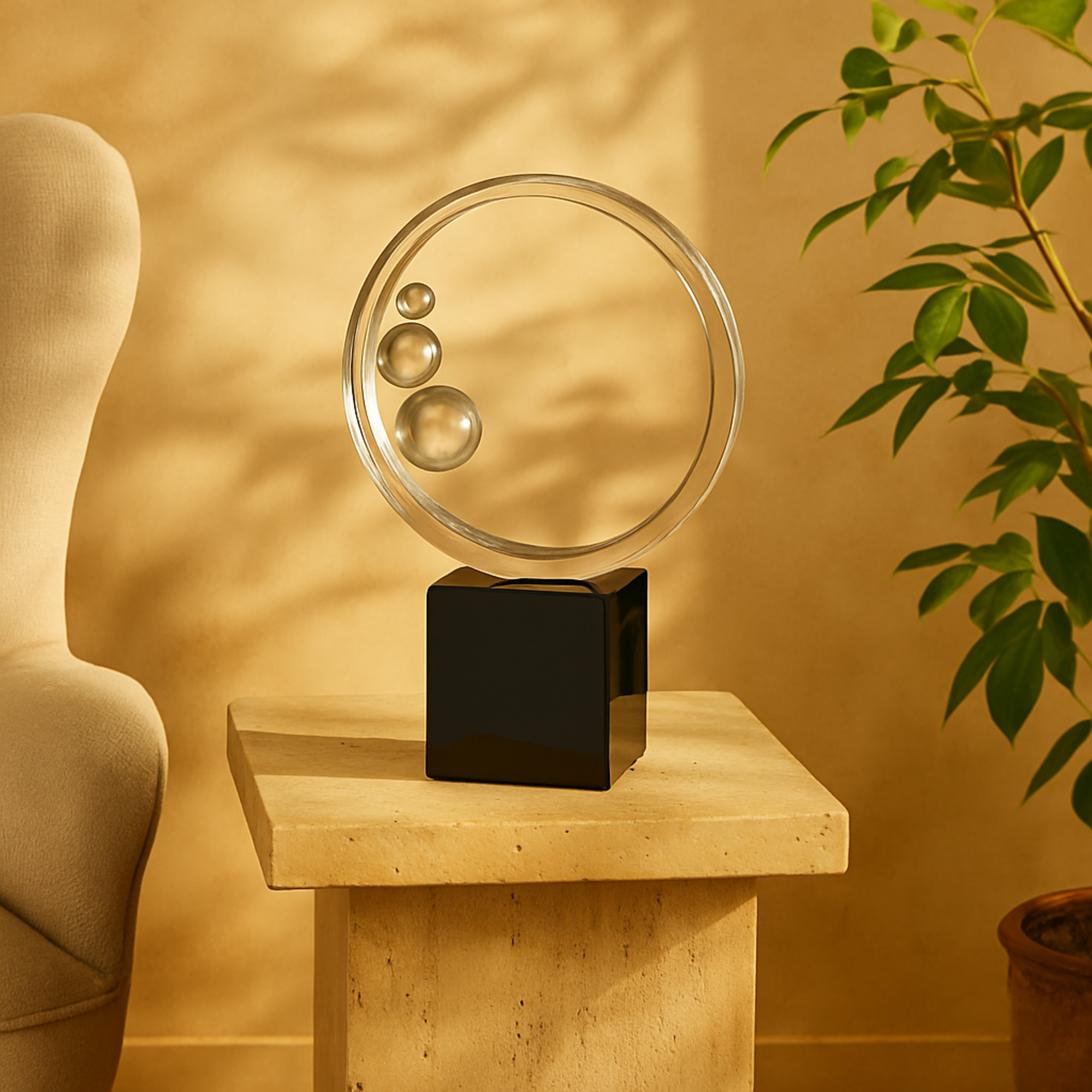 Abstract Clear Glass Ring Decorative Sculpture with Clear Orbs and Black Square Base