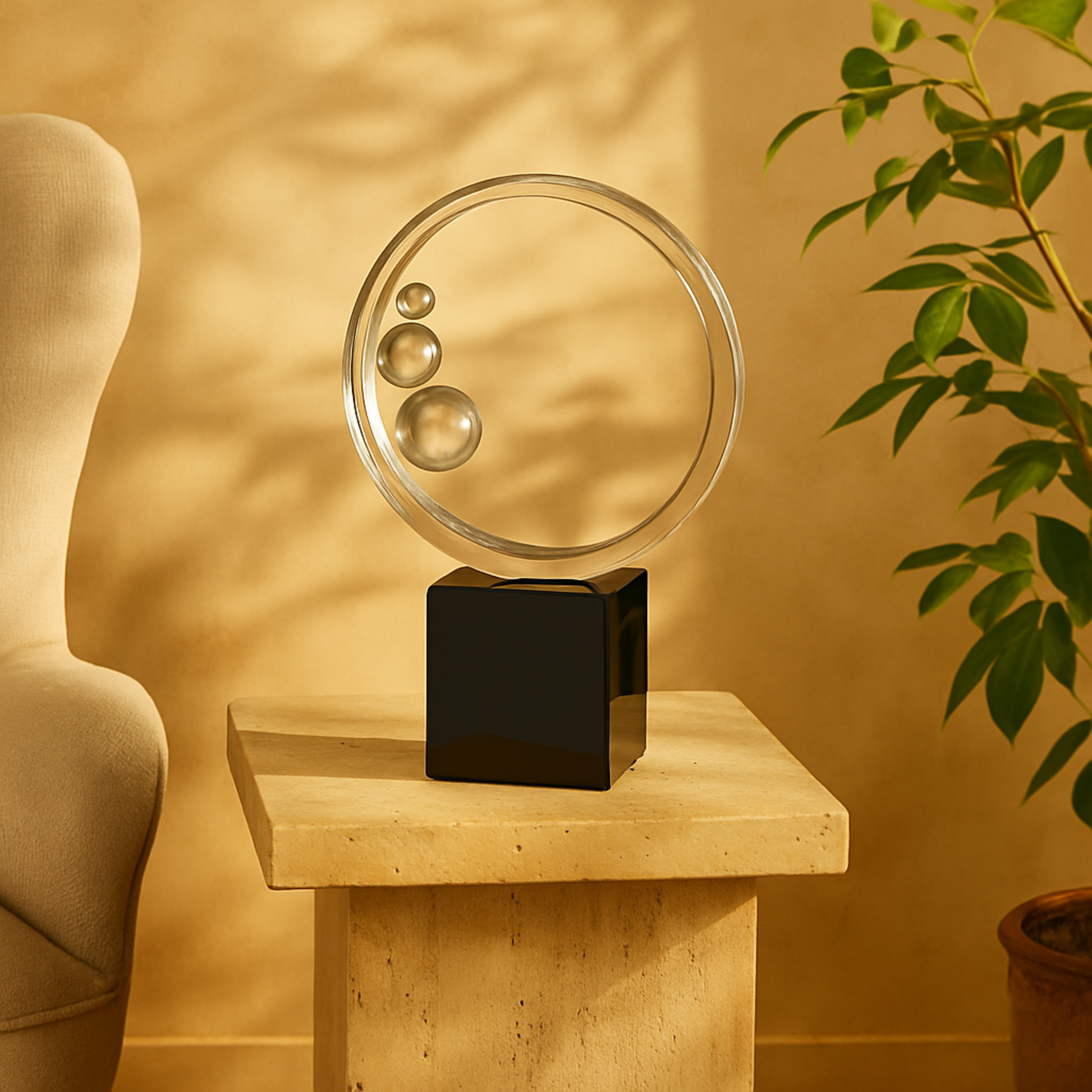 Abstract Clear Glass Ring Decorative Sculpture with Clear Orbs and Black Square Base