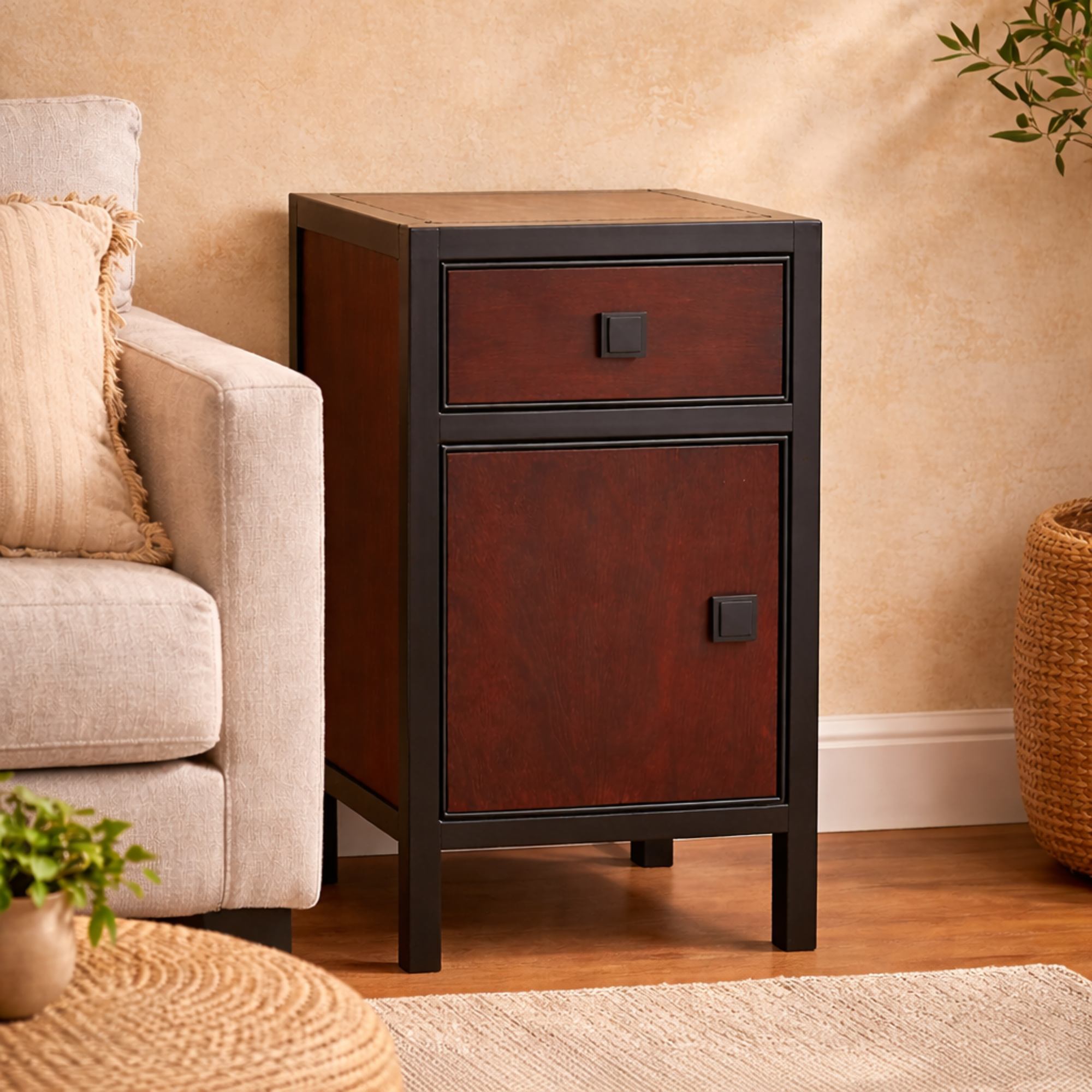 Dark Brown Wood Square 1 Door and 1 Drawer Room Cabinet with Black Frame