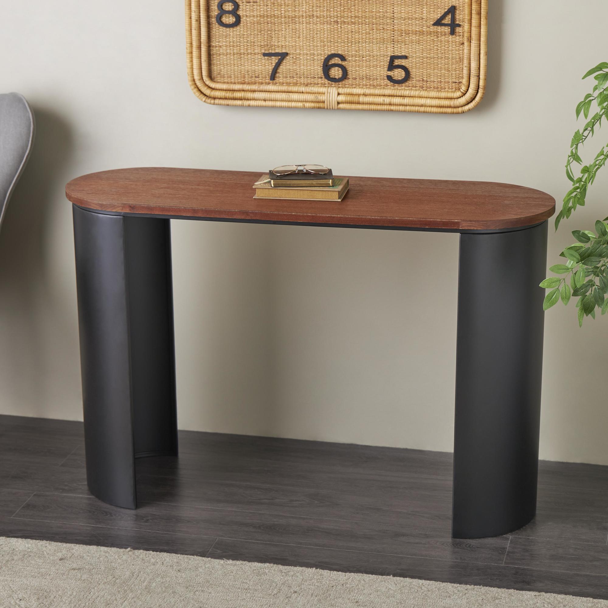 Wood Curved Crescent Living Room Console Table with Brown Wood Oval Tabletop