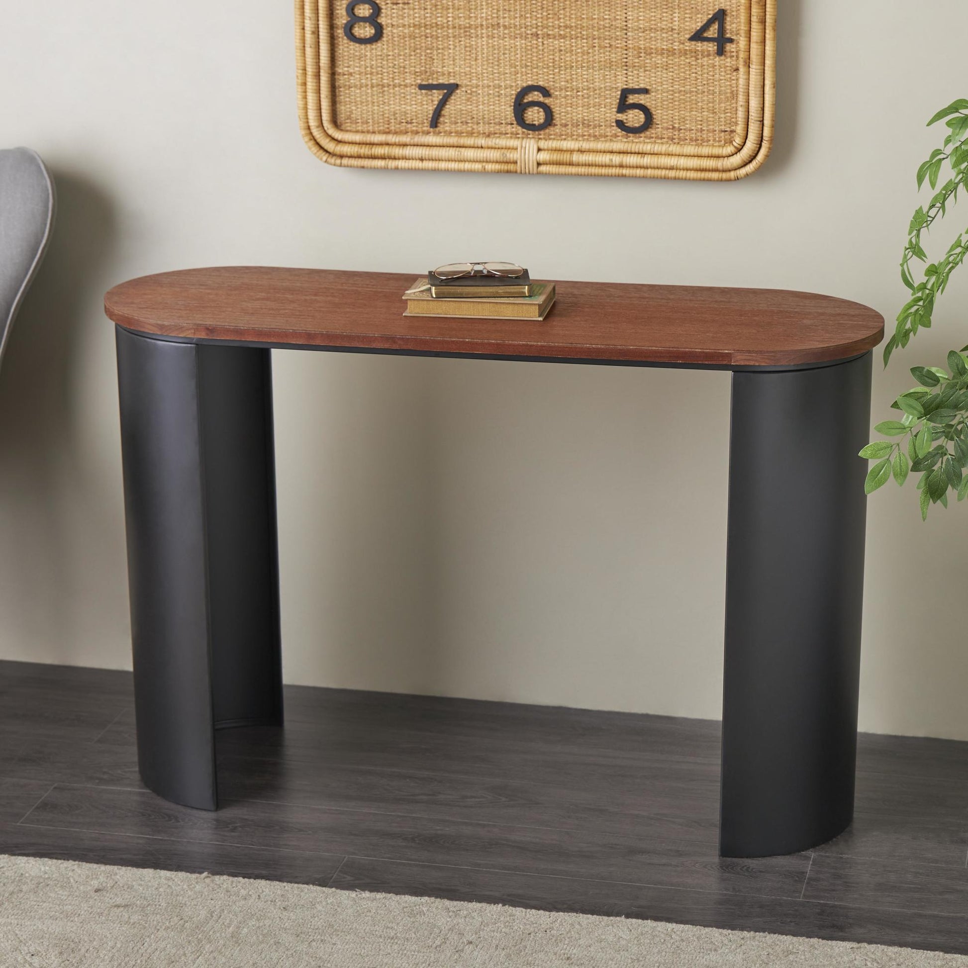 Wood Curved Crescent Living Room Console Table with Brown Wood Oval Tabletop