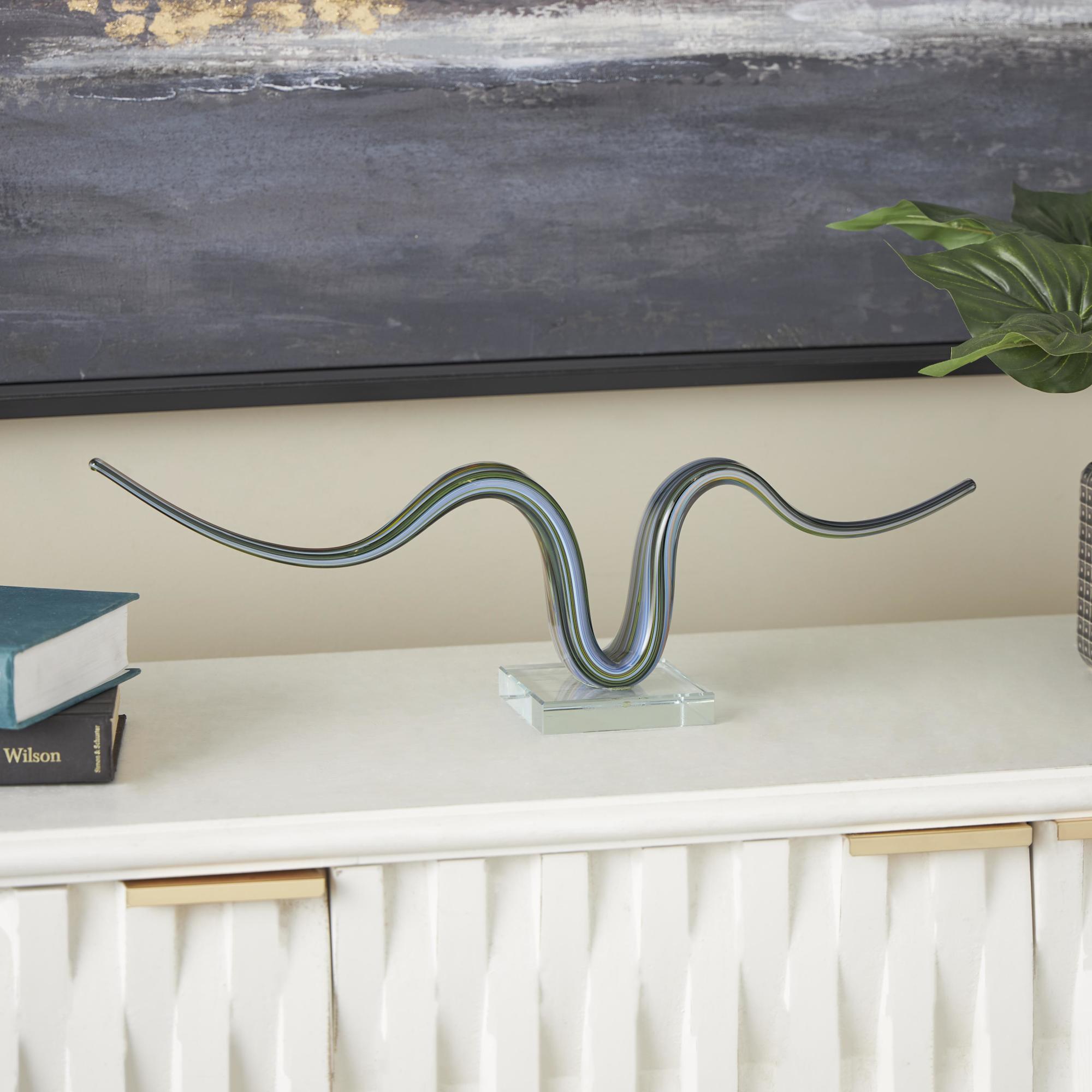 Abstract Multi Colored Glass Wave Decorative Sculpture with Clear Base